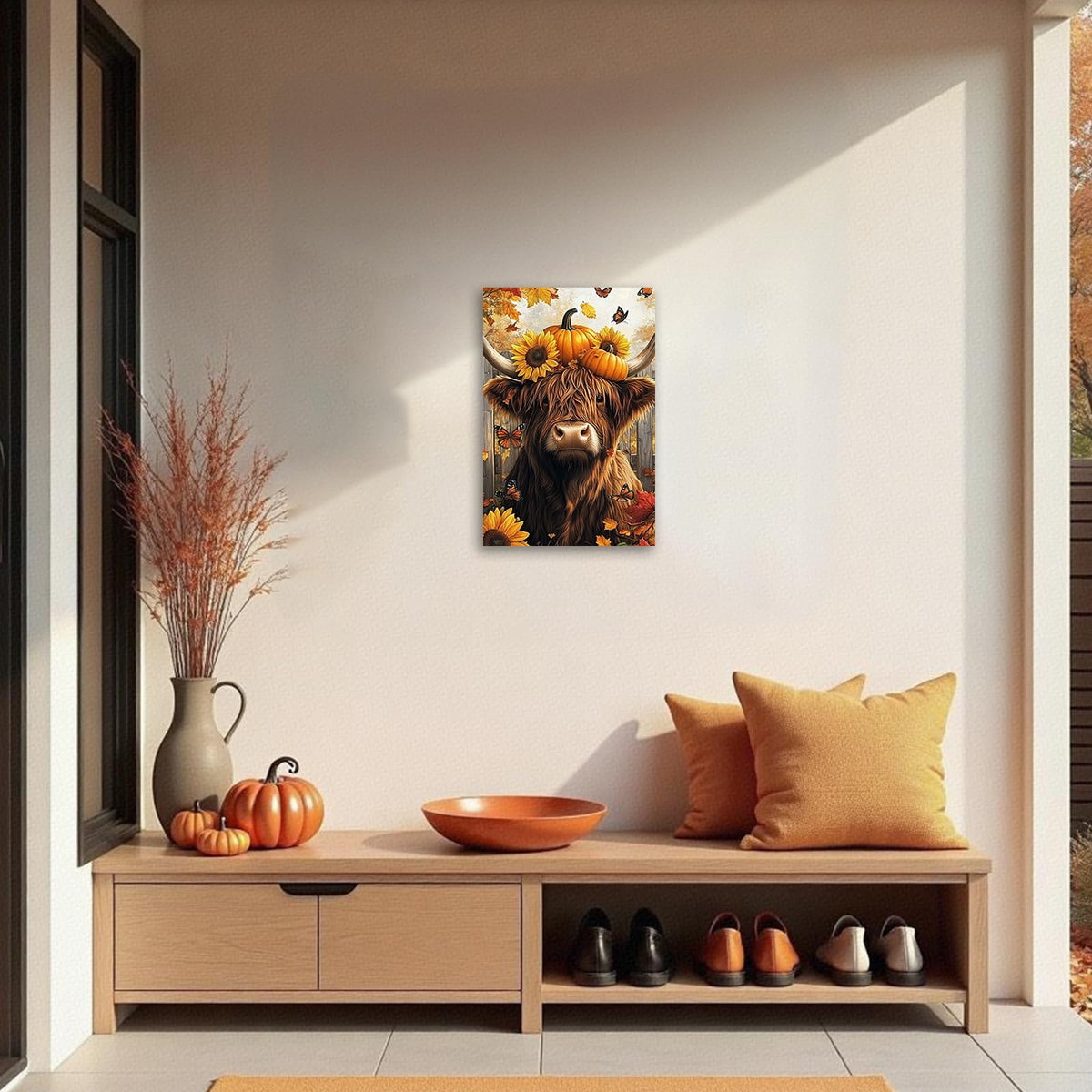 YMXDYMJSW Fall Canvas Wall Art Highland Cow with Pumpkin Pictures Prints Sunflower Paintings Autumn Harvest Artwork for Thanksgiving Kitchen Decor Framed (Brown,20L x 16W)