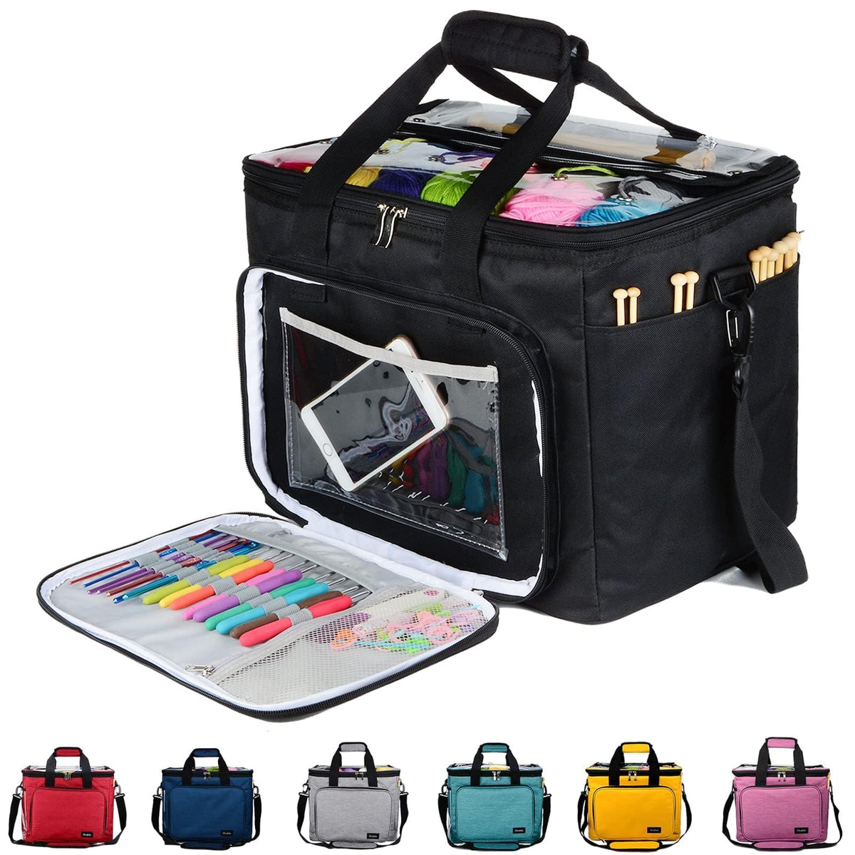 Hoshin Knitting Bag for Yarn Storage, High Capacity Yarn Totes Organizer with Inner Divider Portable for Carrying Project, Knitting Needles(up to 14”), Crochet Hooks, Skeins of Yarn (Black)