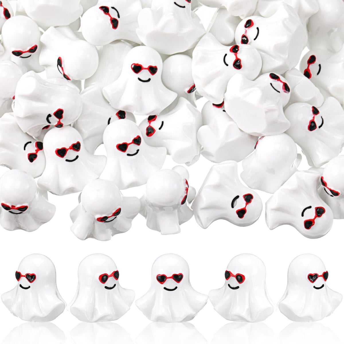 VioraWhite 50 Pcs Valentines Mini Ghost Figurines Cute Tiny Resin Ghost with Heart Sunglasses Miniatures Valentine's Day Romantic Gift Shelf Decor for DIY Crafts Landscape Garden Cake Topper Lawn