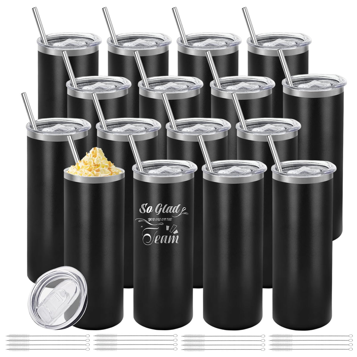 YOUKE OLA 16 Pack Stainless Steel Skinny Tumblers Bulk Straight Double Wall Powder Coated Insulated Tumbler with Lid and Straw for Laser Engrave, DIY Gift, 20oz Black