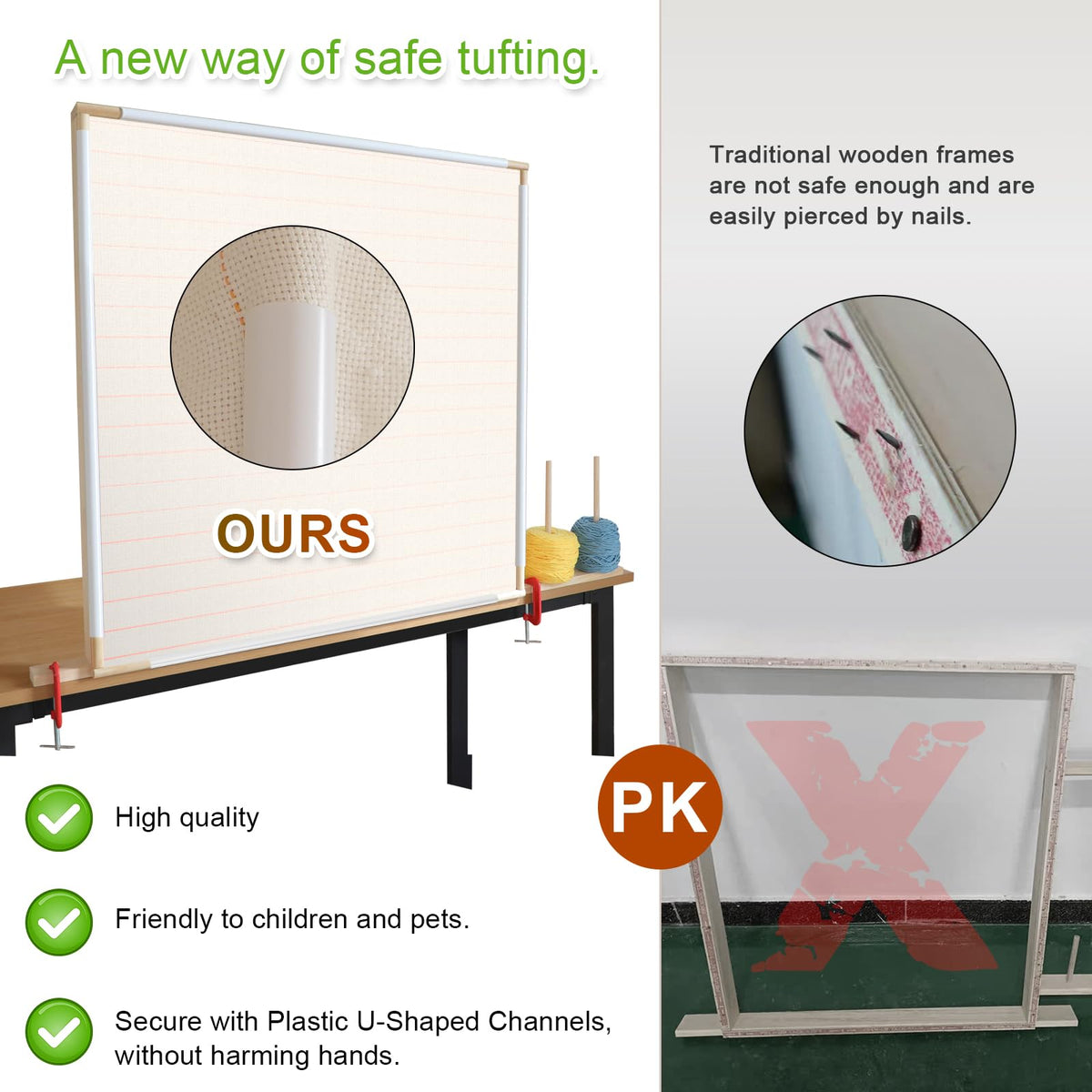 Kerty 29.5" Tufting Frame, Wooden Tufting Frame for Rug Making, A Safer Tufting Cloth Stand Using Plastic U-Shaped Channels Instead of Nails