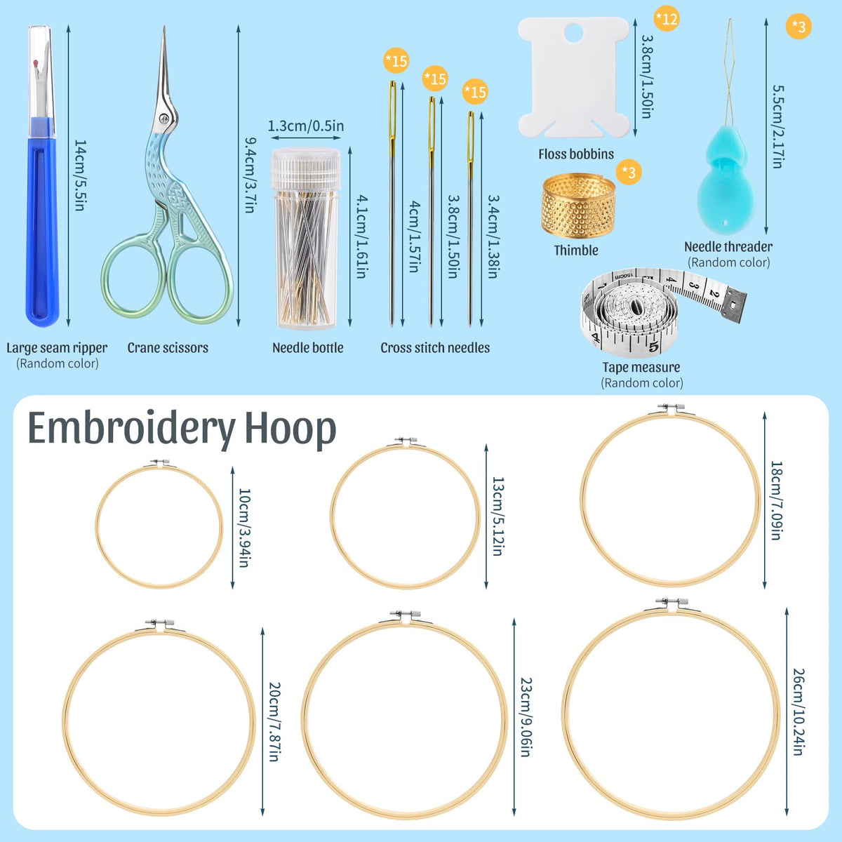 ZXIIXZ 72 Pcs Cross Stitch Supplies, Embroidery Kit for Beginners with Cross Stitch Hoops Needles Embroidery Scissors Floss Bobbins Seam Ripper for Adults, Embroidery Tools DIY Supplies