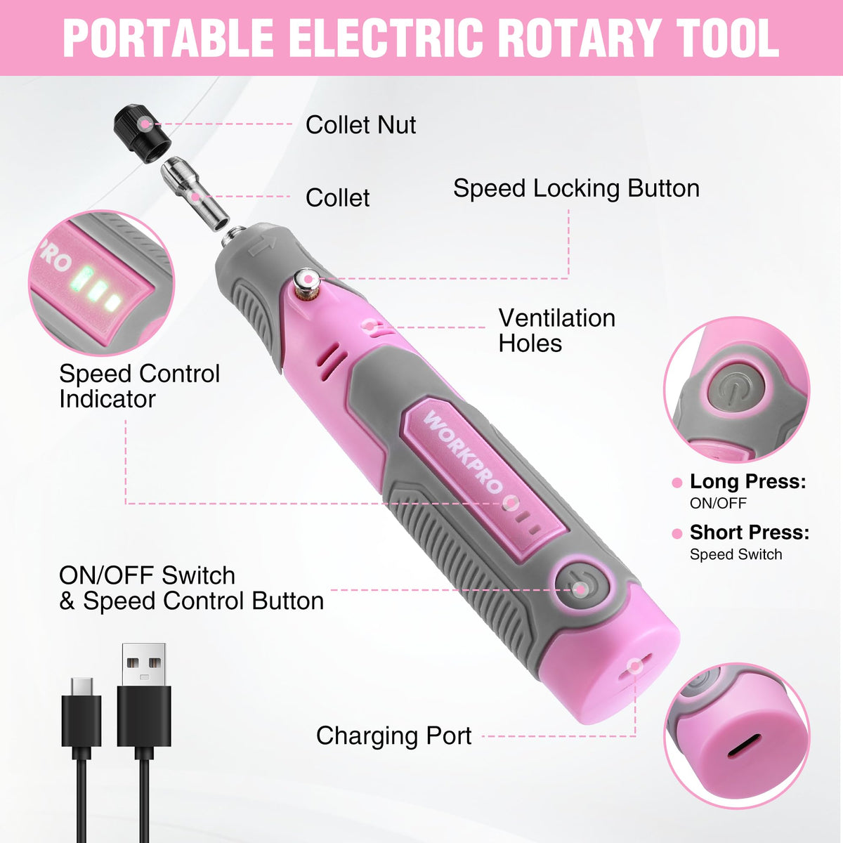 WORKPRO Cordless Rotary Tool Kit with 71pcs Accessories, 3 Variable Speeds, USB Rechargeable Mini Rotary Tool for Engraving, Sanding, Polishing, Carving, Cutting, DIY Crafts - Pink Ribbon
