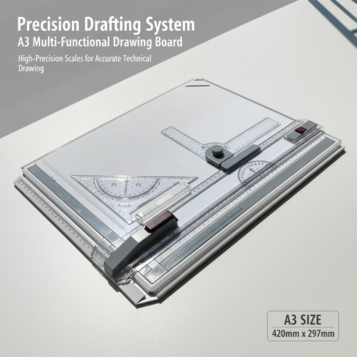 A3 Portable Drawing Table Board with Clear Rule Parallel Motion and Angle Adjustable Measuring System, Multi-Function Metric Drawing Board Drafting Table for Engineering Students