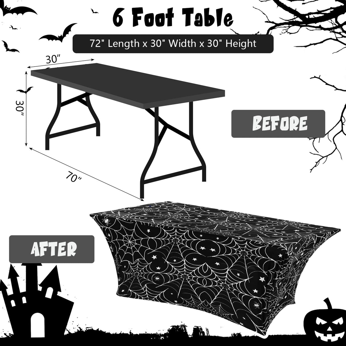 Oudain 2 Pcs Halloween Stretch Table Cover 6 Feet White Black Spider Web Spandex Table Clothes Gothic Spider Cobweb Scary Party Decorations for Halloween Home Decorations Party Celebration