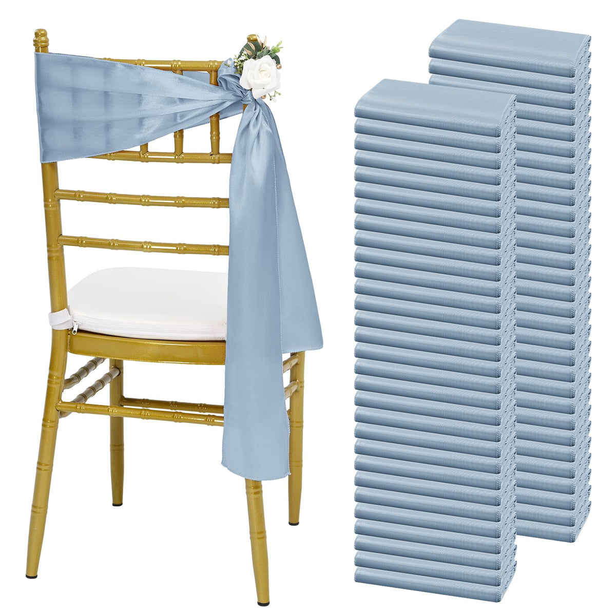 Lykoow 100 Pcs Satin Chair Sashes 78 inch for Wedding Reception Party Hotel Home Kitchen Decoration-Dusty Blue