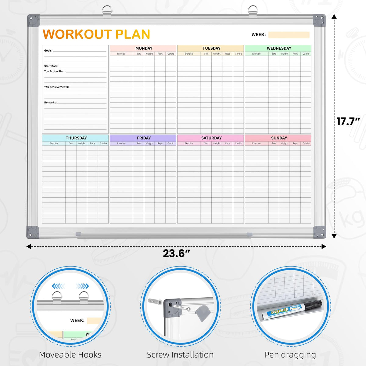 Fitness Tracker Magnetic Whiteboard Workout Plan Dry Erase Board for Wall 24'' x 18'',Hanging Mounted Weekly Fitness Tracker Gym Exercise Tracker Schedules and Checklists