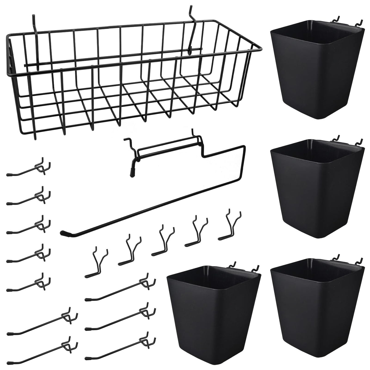 G.CORE Peg Board Organizer 21 Pack, Pegboard Accessories with Baskets Cups Hooks - 1/8" & 1/4" Peg Board Wall Tool Organizers, Utility Holders & Hangers for Garage Craft Workbench (Black & Black)