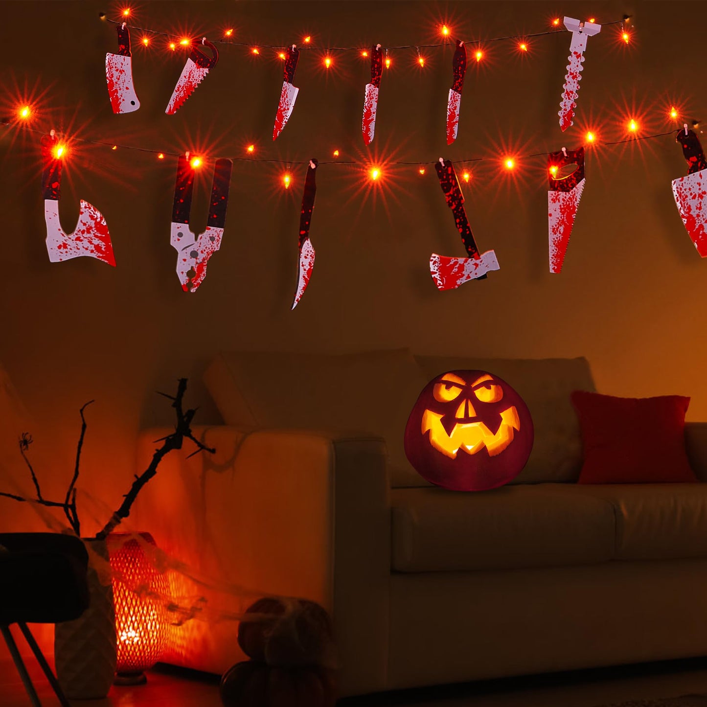 BlcTec Scary Halloween Decorations, 12 FT Halloween String Lights with 16 Fake Bloody Knives & 50 LED Orange Big Bulbs, 8 Modes Battery Operated Bloody Party Supplies for House Décor