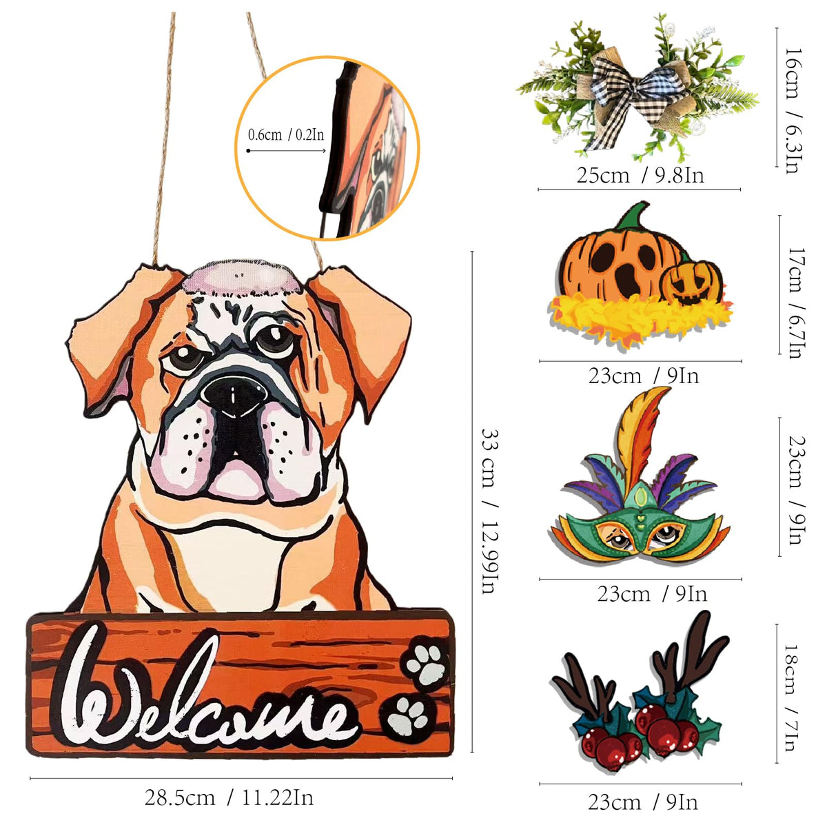 FelyHos Interchangeable Bulldog Welcome Sign, Wooden Seasonal Door Hanger with 12 Interchangeable Decorations, Cute Dog Welcome Plaque for Front Door Porch Wall, Holiday Home Decor Gift
