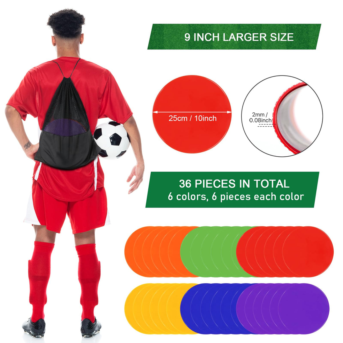 ZIECE Poly Spots Spot Markers for Gym Floor, 9inch 36 Pcs Flat Cones Non-Slip Rubber Floor Dots Circles for Sports Soccer Basketball Agility Training Dance Classroom