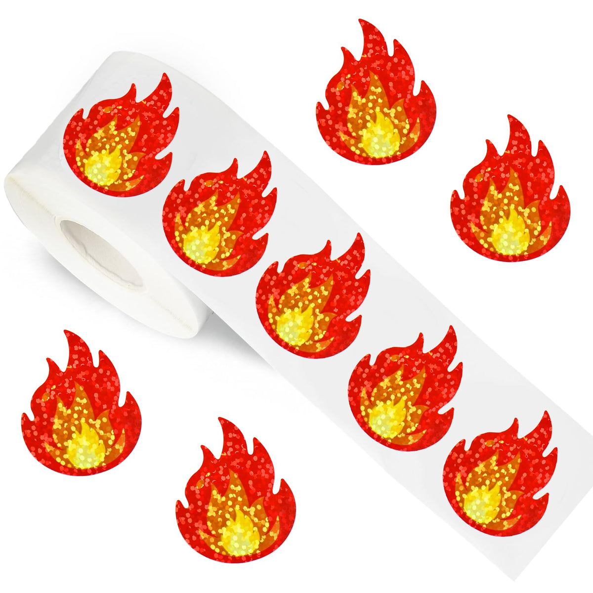 FYSUIMU 500 Pcs Flame Stickers Roll Holographic Glittery Fire Self-Adhesive Sticker Decals for Camping Party Envelopes Cards Gift Bags Laptops Scrapbook DIY Craft Decorations, 1.5 Inch