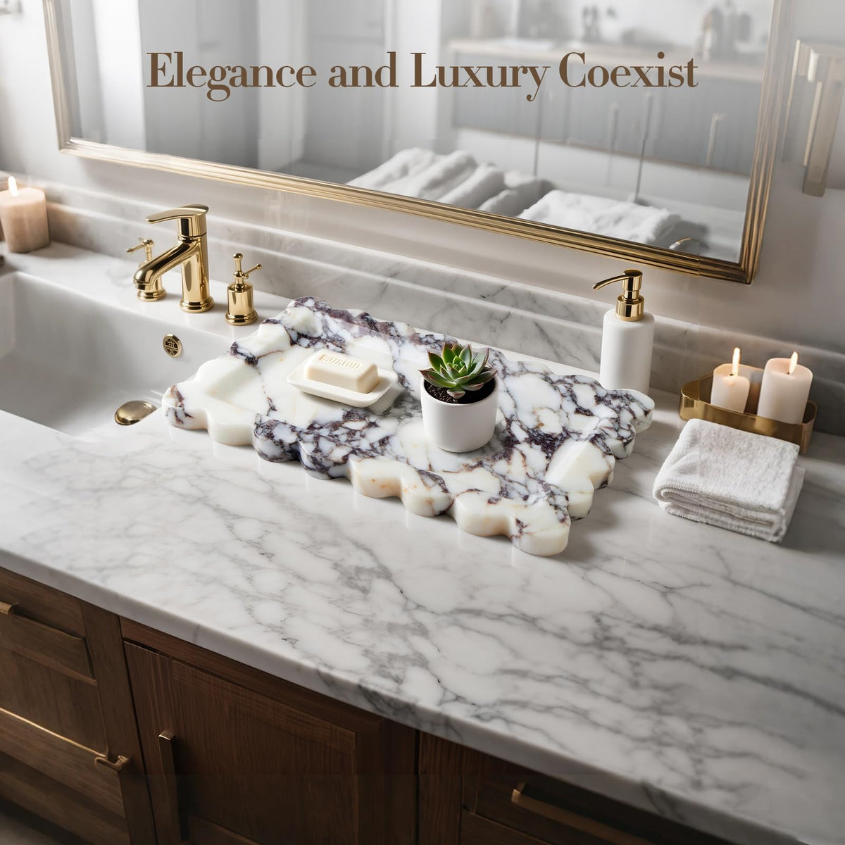 SAMAH Calacatta Viola Natural Marble Tray, Scalloped Bathroom Tray, Luxury Decorative Trays for Bathroom, Vanity, Dresser, Kitchen & Home Decor, Housewarming Gifts New Home (Rectangle)