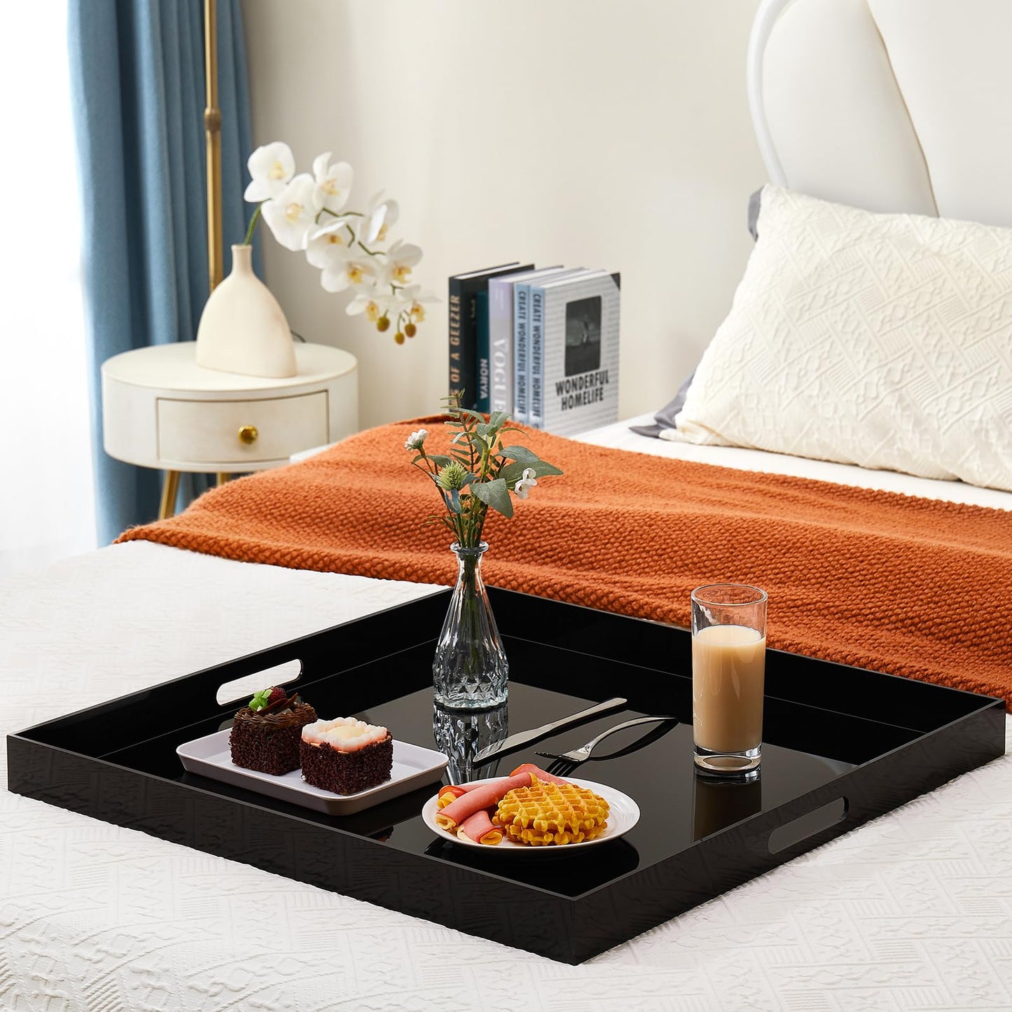 17×17 inches Oversized Black Acrylic Ottoman Tray Extra Large Decorative Tray Spill-Proof Serving Trays with Handles King-Size Safe Edge Organizer for Coffee Table Countertop Breakfast