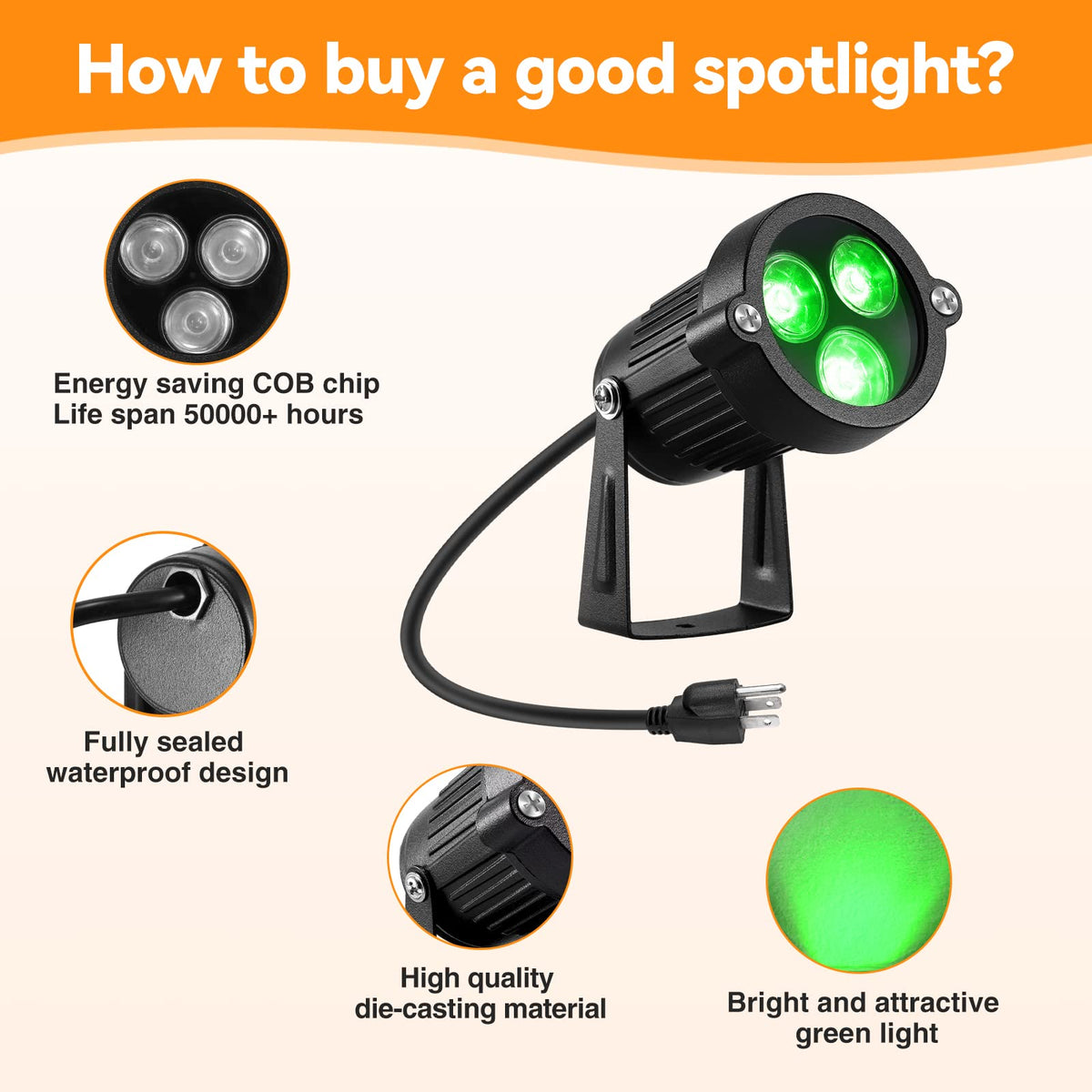 LemonBest Outdoor Water-Resistant LED Lawn Garden Landscape Lamp Wall Yard Path Patio Lighting Spot Lights Green AC Spiked Stand with Power Plug (1)