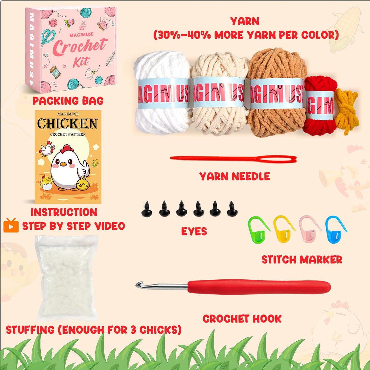 MAGIMUSE Crochet Kit for Beginners, Crochet Starter Kits for Adults Amigurumi Craft Knitting Crochet Animals Kits with Step-by-Step Video Tutorials, 3 Pcs Chicken (40%+ Yarn)