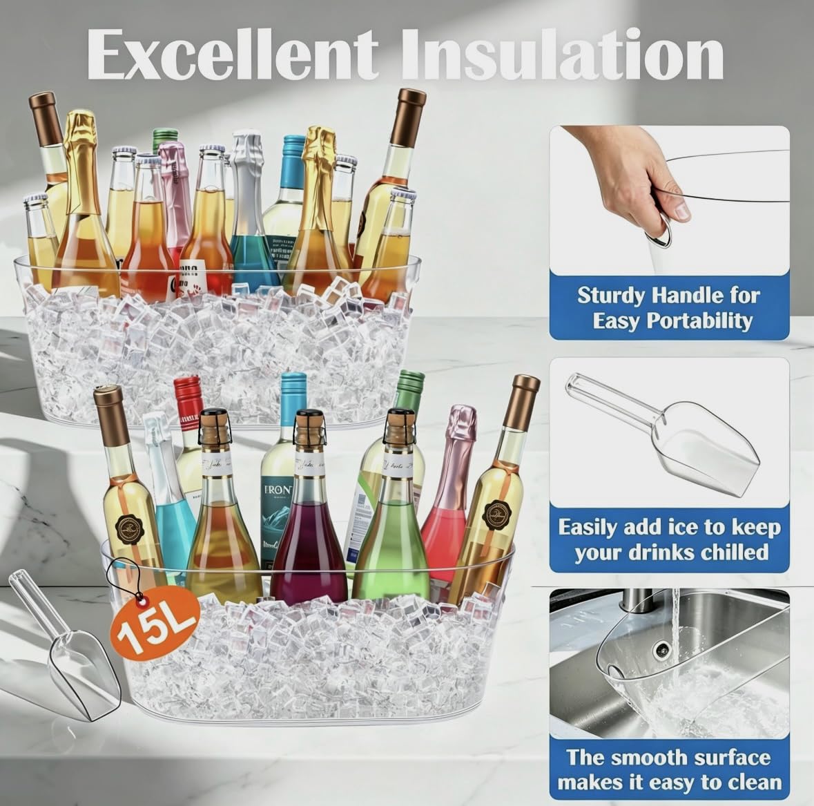 2 PCS Ice Buckets for Parties, 15L Large Ice Bucket, 4 Gallon Clear Acrylic Champagne Wine Buckets with 2 Scoops, Beverage Tub Mimosa Bar Supplies for Champagne, Beer, Cocktail