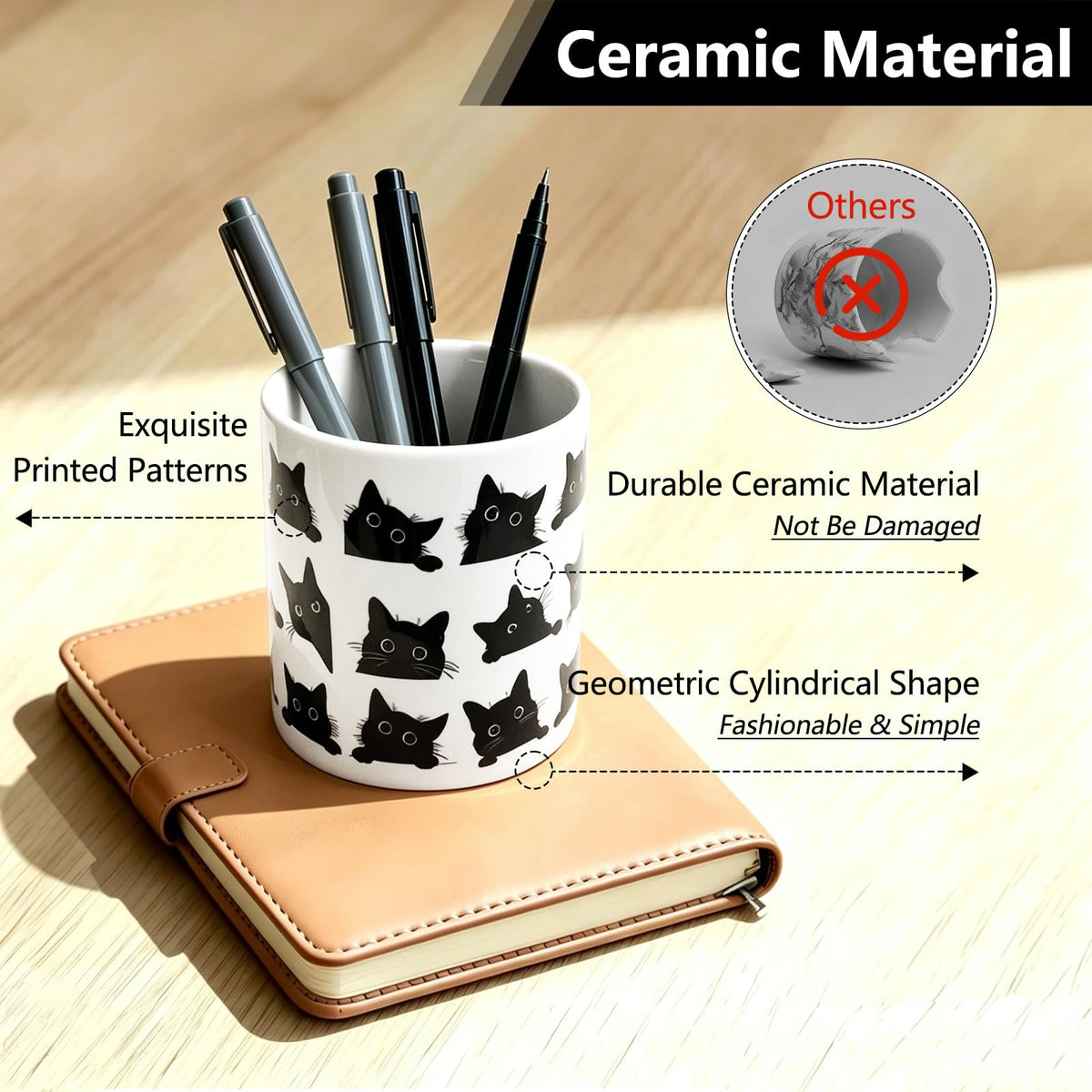 vnbsdwi Ceramic Pencil Holder for Desk Cute Pen Holder Black Cat Pencil Cup Pot Desk Organizer Large Capacity Ceramic Makeup Brush Holders Multifunctional Office Supplies for Home School