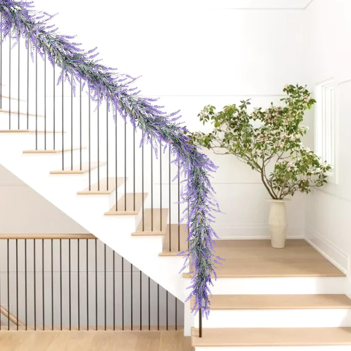 HUZIYAHAN Spring Summer Lavender Garland, 6Ft Purple Lavender Artificial Garland, All Year Lavender Garlands for Farmhouse Wedding Mantle Arch Porch Stair Table Indoor Door Home Decor (1)