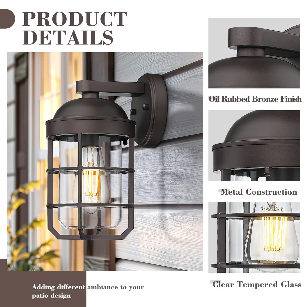 Emliviar Outdoor Wall Lamps 2 Pack, Waterproof Vintage Lighting, 11.3 Inch, Oil Rubbed Bronze with Clear Tempered Glass, Model GE255BL-2PK ORB