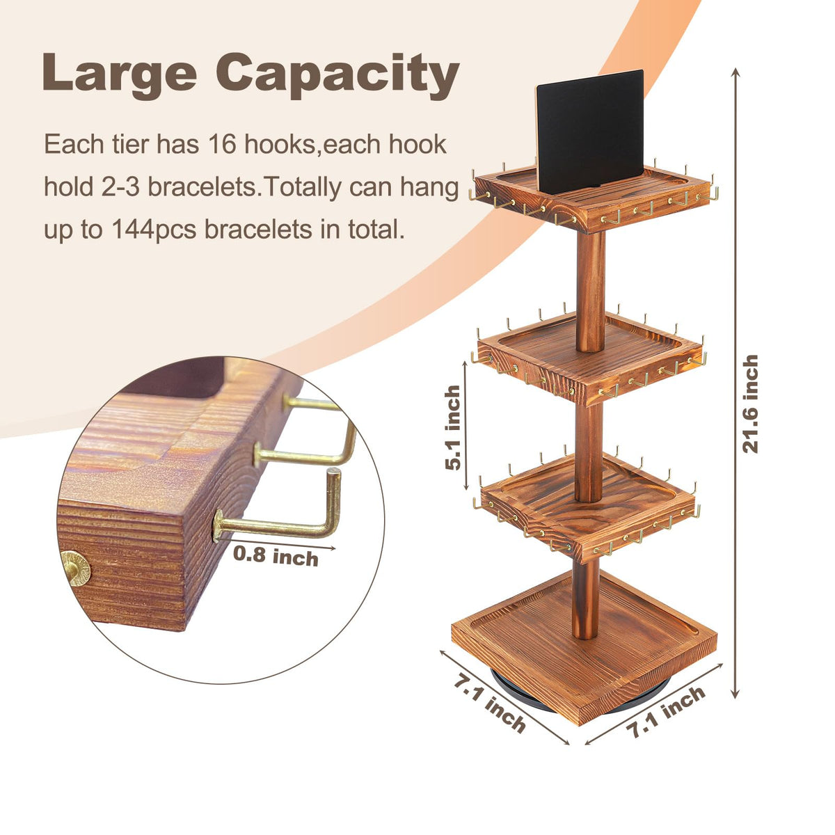 BDBDYEAY Bracelet Holder, 360° Rotating Jewelry Holder Organzier with Tray, Wooden Jewelry Tower with 48 Hooks, 4-Tier Large Capacity Jewelry Display Stand for Vendors Sell Bracelet Keychain Earring
