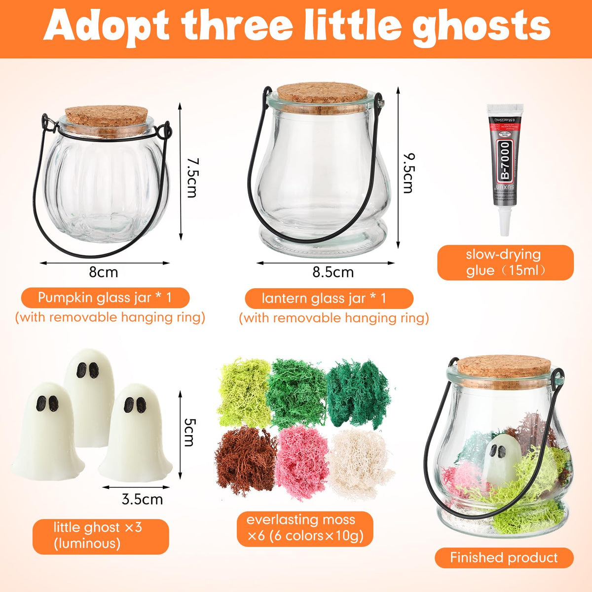 HyDren 6 Set Halloween Pet Ghost in a Jar Adopt a Ghost Glows in the Dark Pet in a Bottle with Moss Luminous Figurines in Glass Spooky Decor Creepy DIY Craft Gift Halloween Party Favor, 3.74 x 3.34In