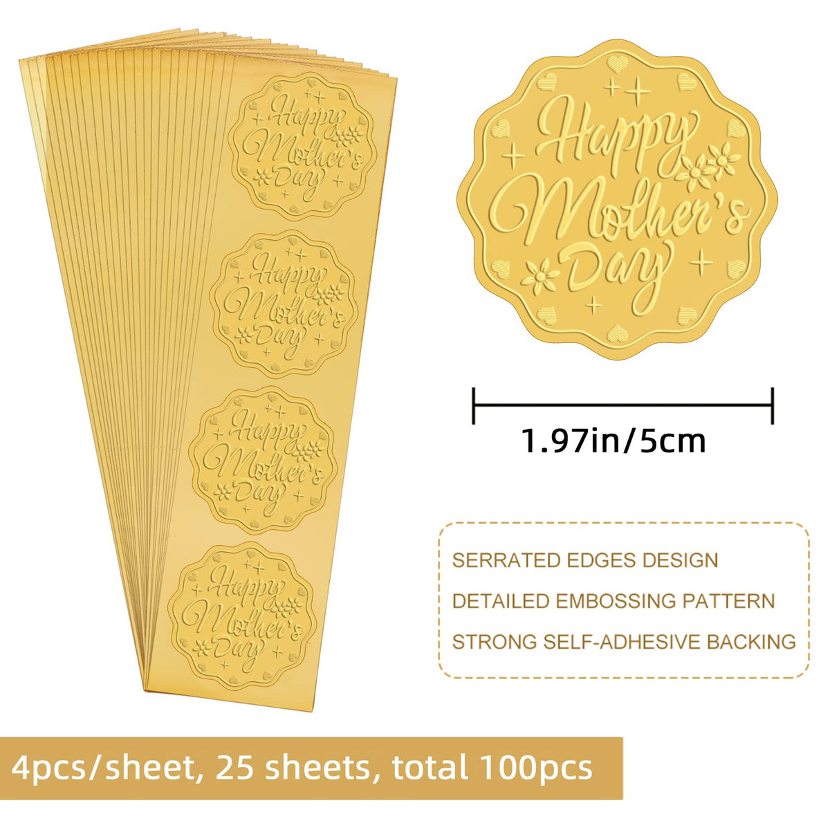 CRASPIRE 2 Inch Envelope Seals Stickers Happy Mother’s Day 100pcs Embossed Foil Seals Adhesive Gold Foil Seals Stickers Label for Wedding Invitations Envelopes Gift Packaging