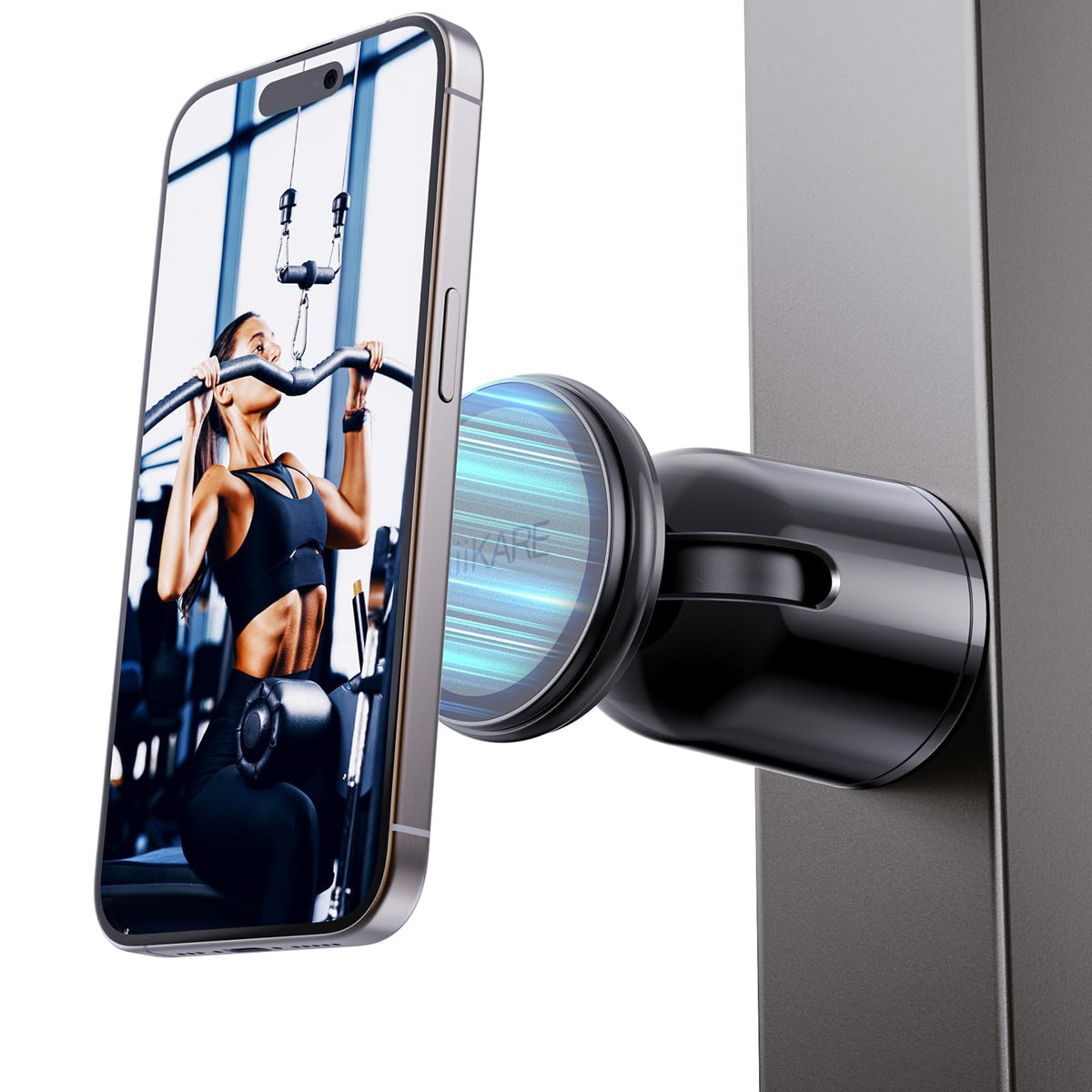 MiiKARE Dual Magnetic Phone Holder for Magsafe, Strong Magnets Gym Phone Holder Mount, 360 Rotation Adjustable, Hands Free Cell Phone Holder Compatible iPhone 17 Pro Max 16 15 14 13, Magsafe Black