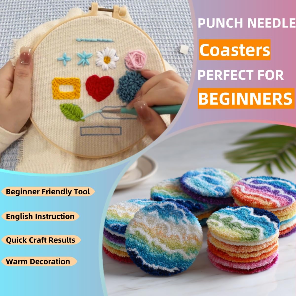 6PCS Punch Needle Coaster Kit Merry Christmas Theme Easy for Beginners Stress Relief Craft Set with Hoop Yarn & Patterns DIY Embroidery Mug Rug Kit for Adults Kids Home Decor-2
