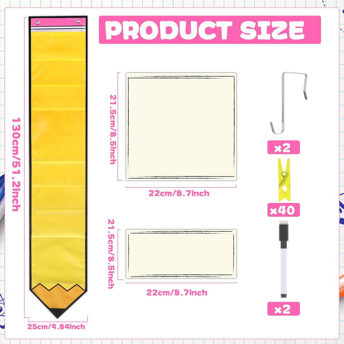 Student Behavior Chart for Classroom Management Pencil Shape Kids Track Reward Incentive Chart Hanging Creative Bulletin Board with 40 Clips for Home Preschool Daycare Back to School Teacher Supplies