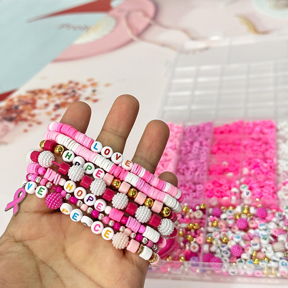 Pink Breast Cancer Awareness DIY Craft Clay Beads Kit - Pink Awareness Party Assorted Beads and Alphabet - Love Hope Peace Inspirational Bead Art DIY Craft Set, 1 Box