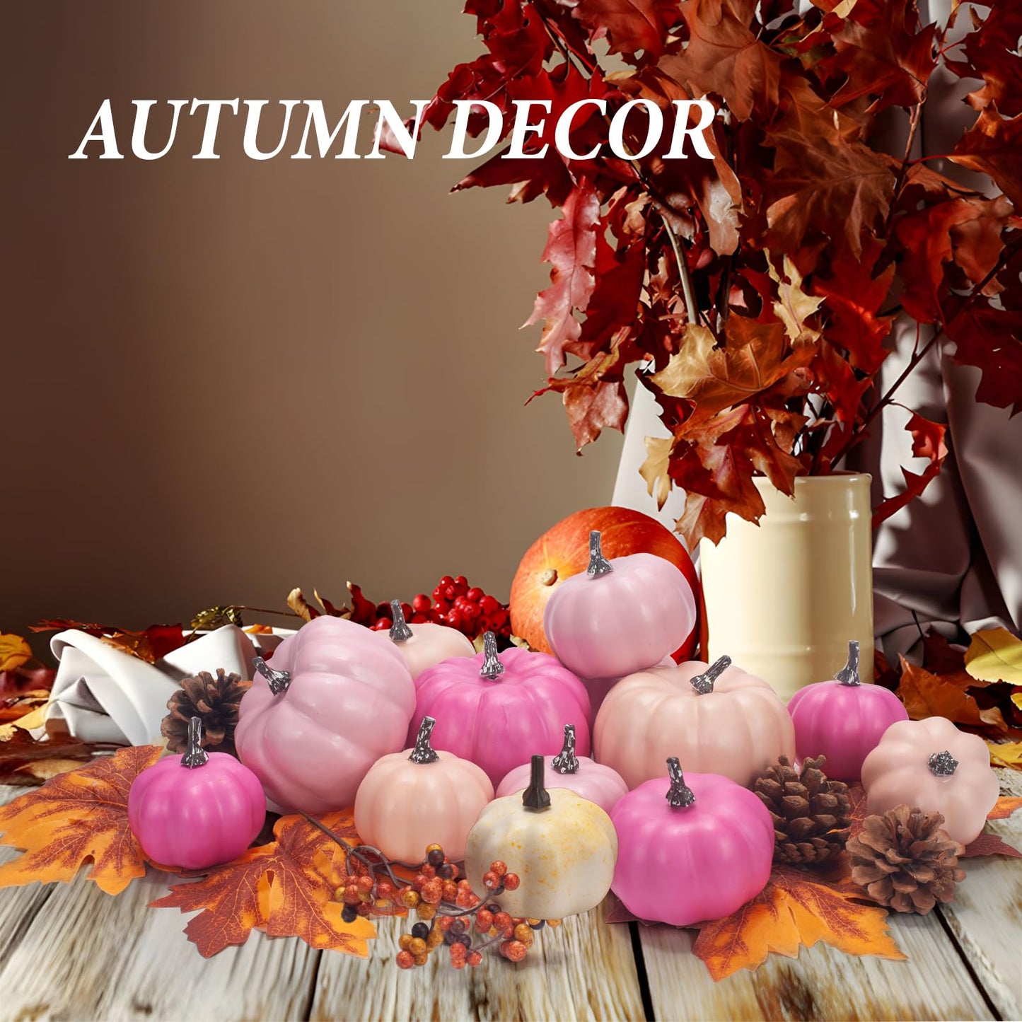 GHGMAO Pumpkin Decor Set, 22 PCS Fall Harvest Decorations - Pink Artificial Pumpkins for Thanksgiving Farmhouse Fall Wedding Home Table Centerpiece Decor
