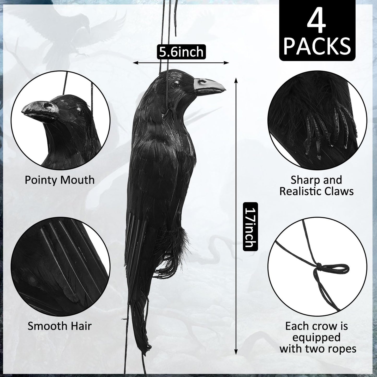 Lewtemi Realistic Hanging Dead Crows Decoy Life Size ,Feathered Fake Crows for Garden Decorations,Black,17 inches ,4 pcs