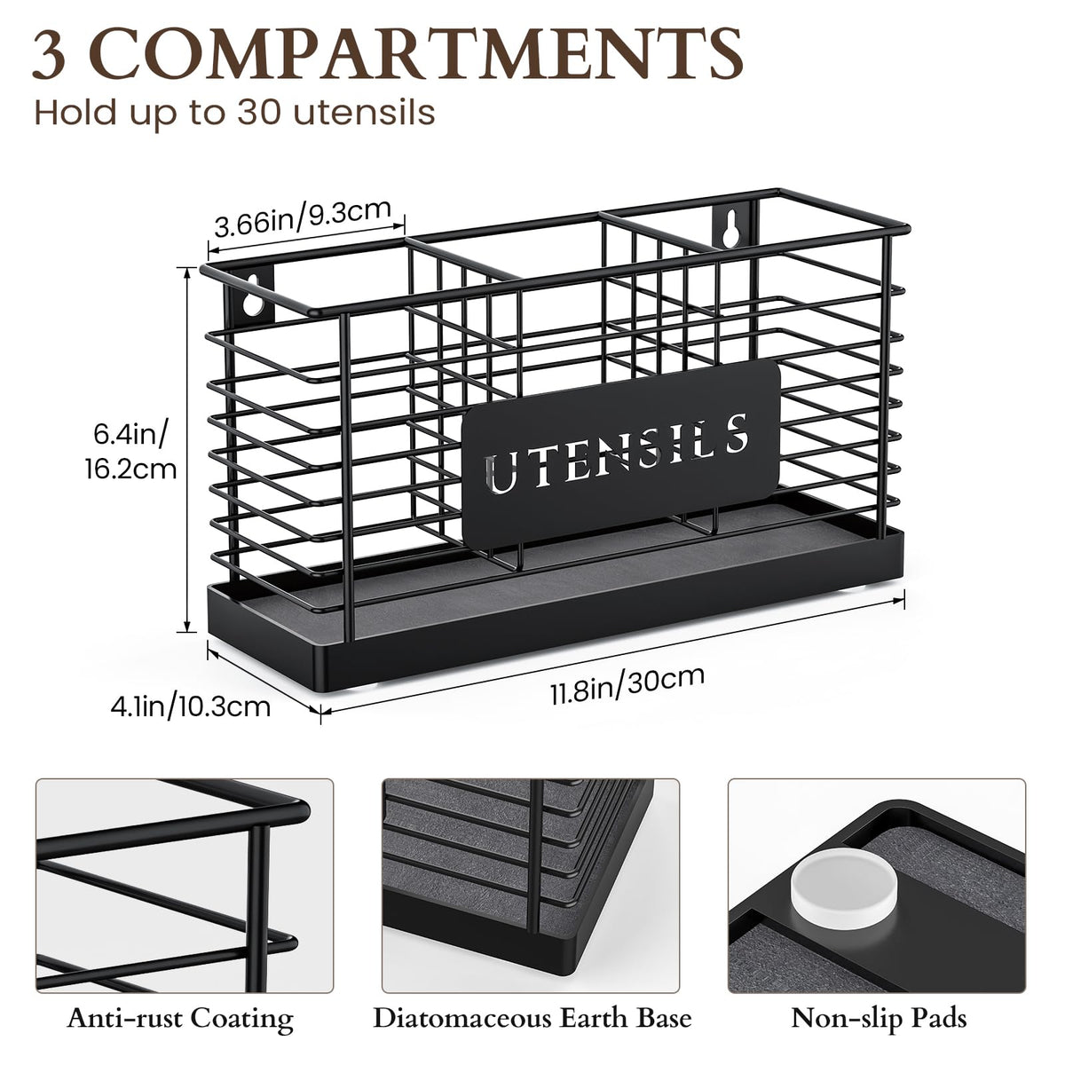 THYGIFTREE Utensil Holder for Kitchen Counter with Diatomaceous Earth Base, Large Black Metal Cooking Tool Organizer with 3 Compartments, Countertop Utensil Holder for Spatula and Kitchen Utensils