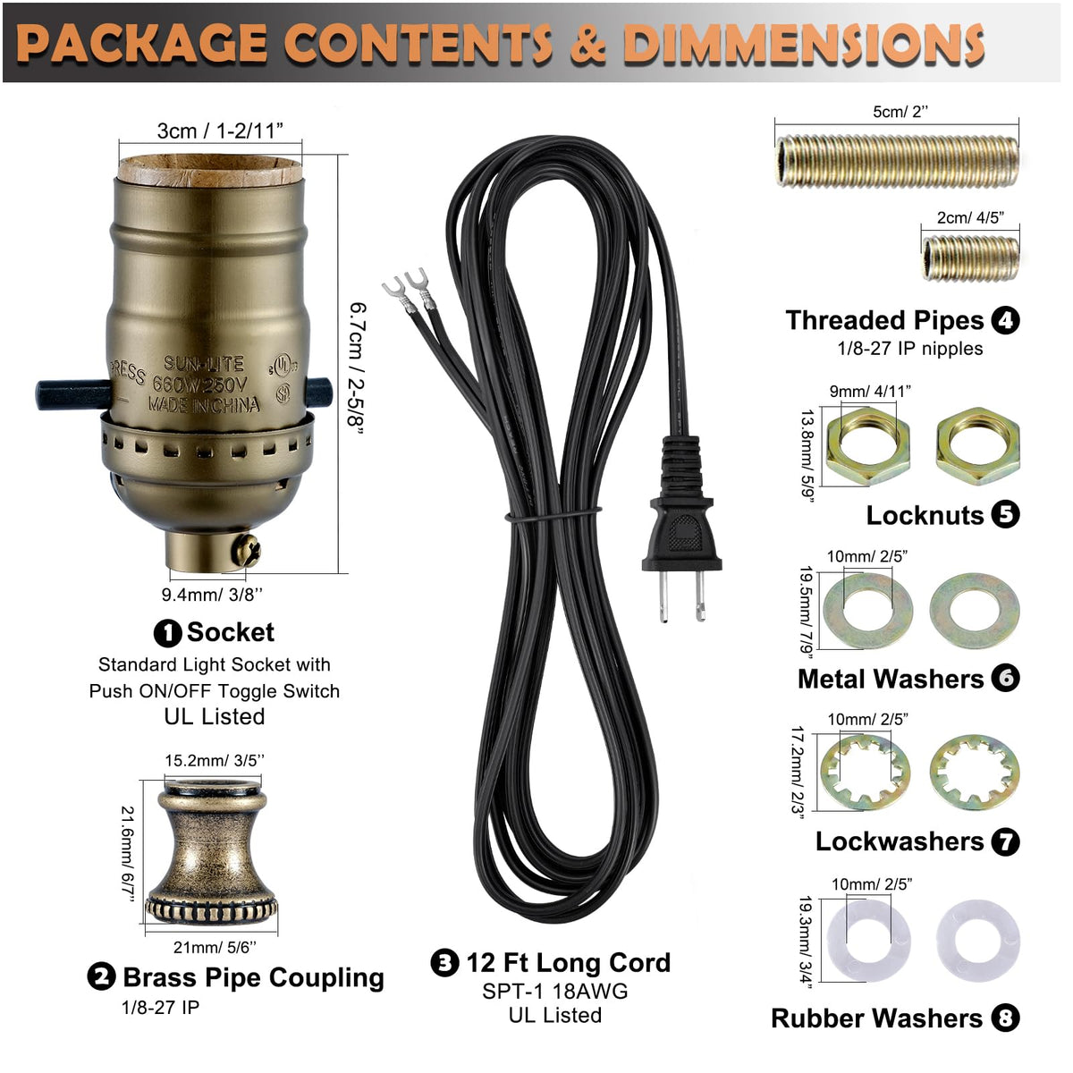 Lamp Rewire Kit,Lamp Socket Replacement Kit,Antique Brass Light Socket with Matching Electric Cord Set,DIY Lamp Making Kit Lamp Wiring Kit with All Essential Hardware (Bronze, 1)