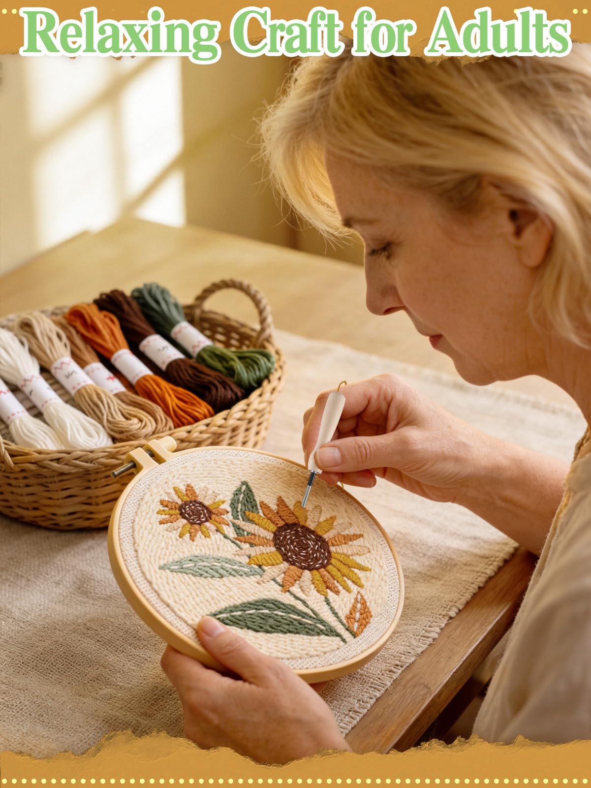 Punch Needle Kit Adults Beginner- Step-by-Step Guide & Video, Including Punch Needle Fabric with Pattern/Hoop/Needle/Yarns, Spring Embroidery Craft Kits, Easy Hobby Gifts for Women, Sunflower