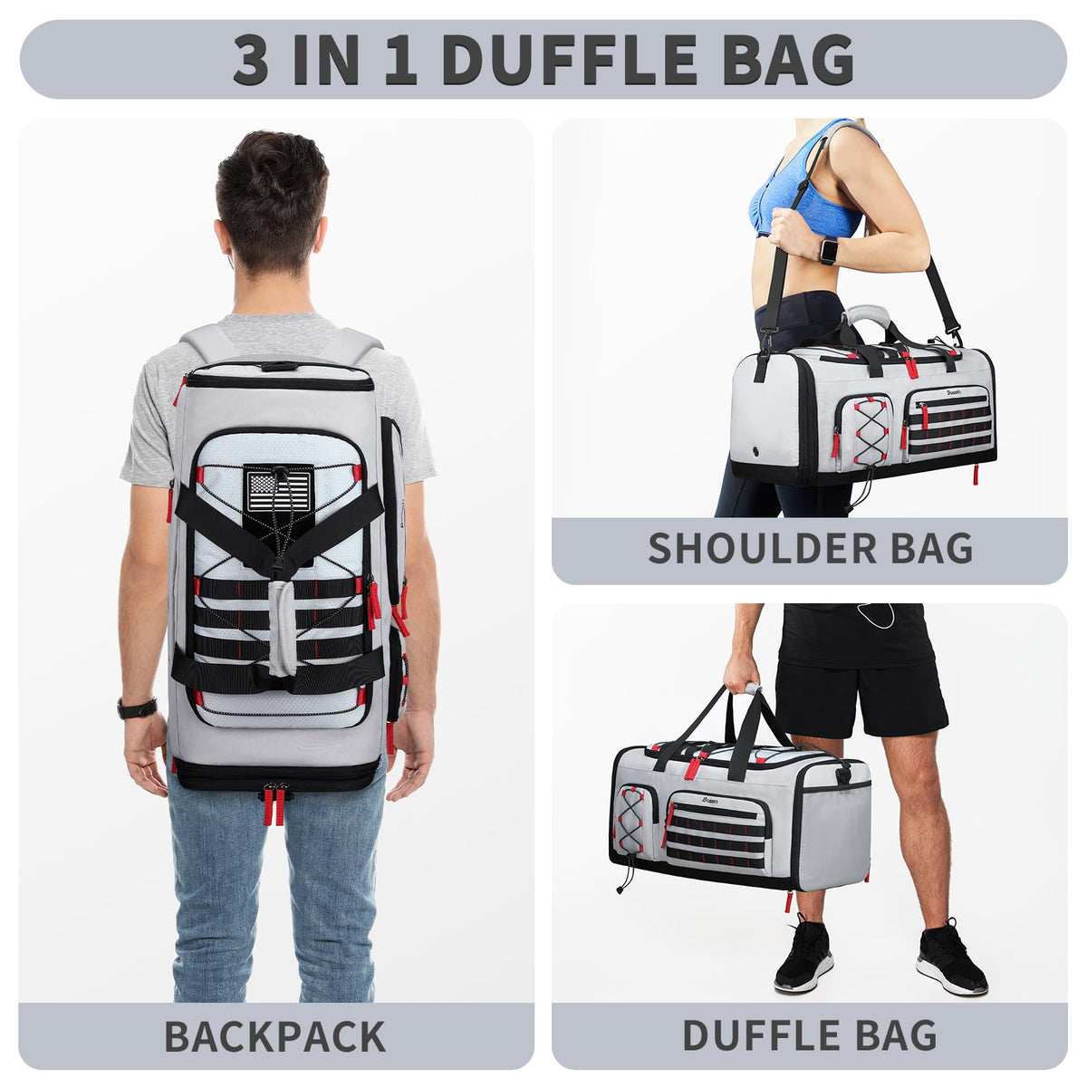 Bosstin Gym Bag for Men & Women, 45L Travel Duffle Sports Duffel Bag Gym Weekender Overnight Backpack with Shoe Compartment (Grey)