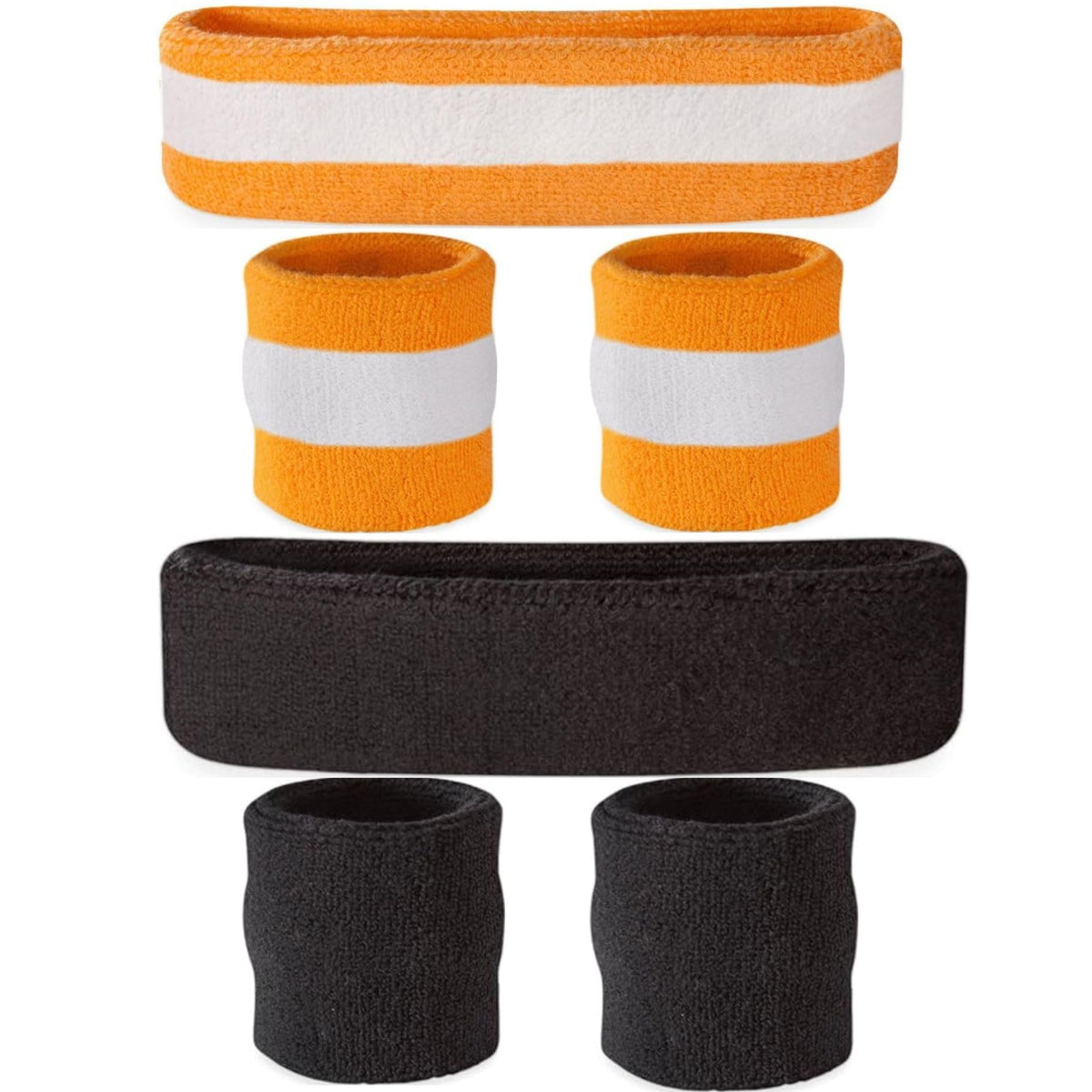 Suddora Moisture Wicking Striped Orange and Black Sweatband Sets (4 Wristbands and 2 Headbands) Breathable Athletic Sweat Bands for Sports, Football, Tennis, Yoga, Gym, Costumes & Cosplay,