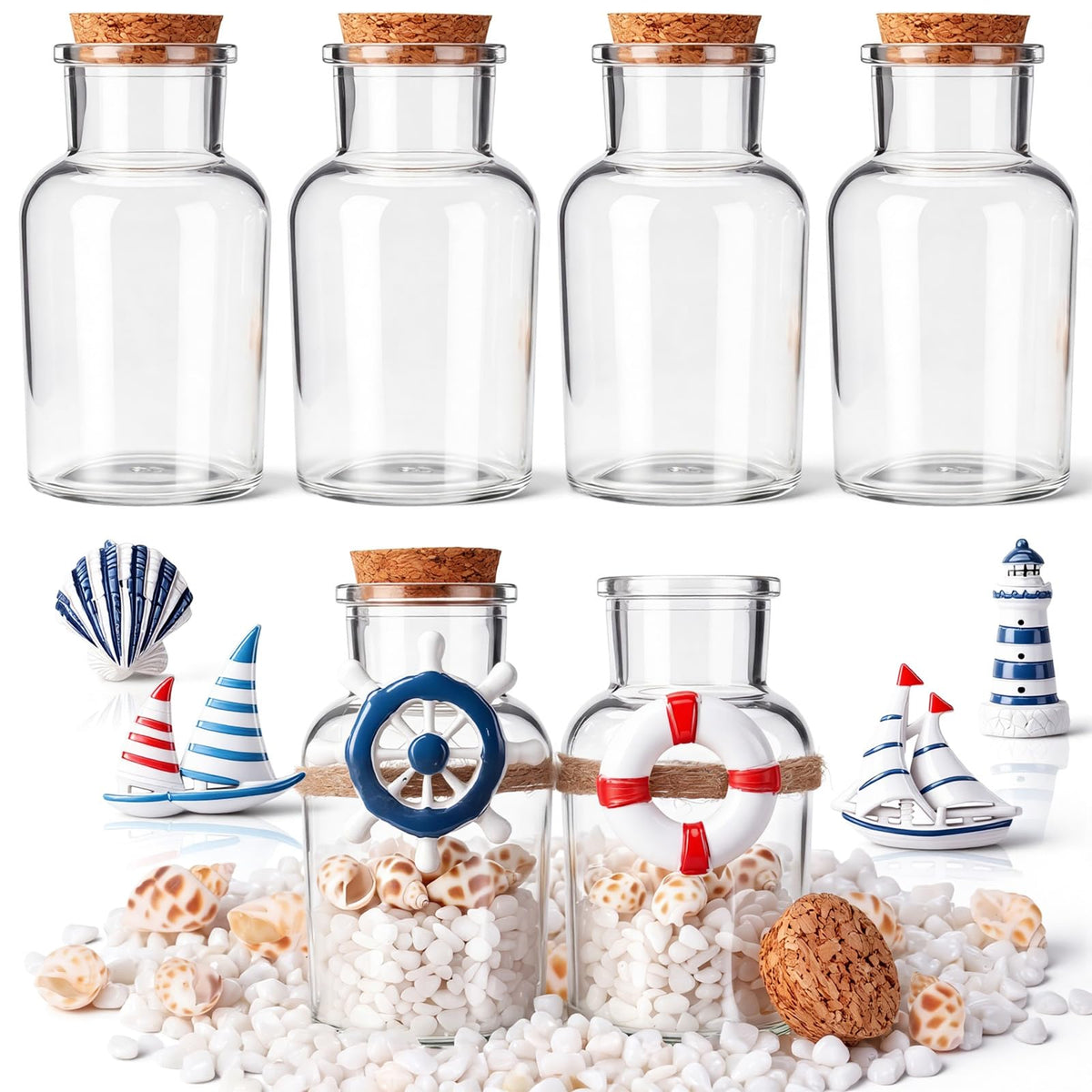 Gandeer 6 Pack Beach Glass Bottles with Cork Honeymoon Sand Jar White Sand Rocks Natural Sea Shells for Coastal Beach Room Decor Home Tabletop Summer Decorations Bridal Shower Gifts