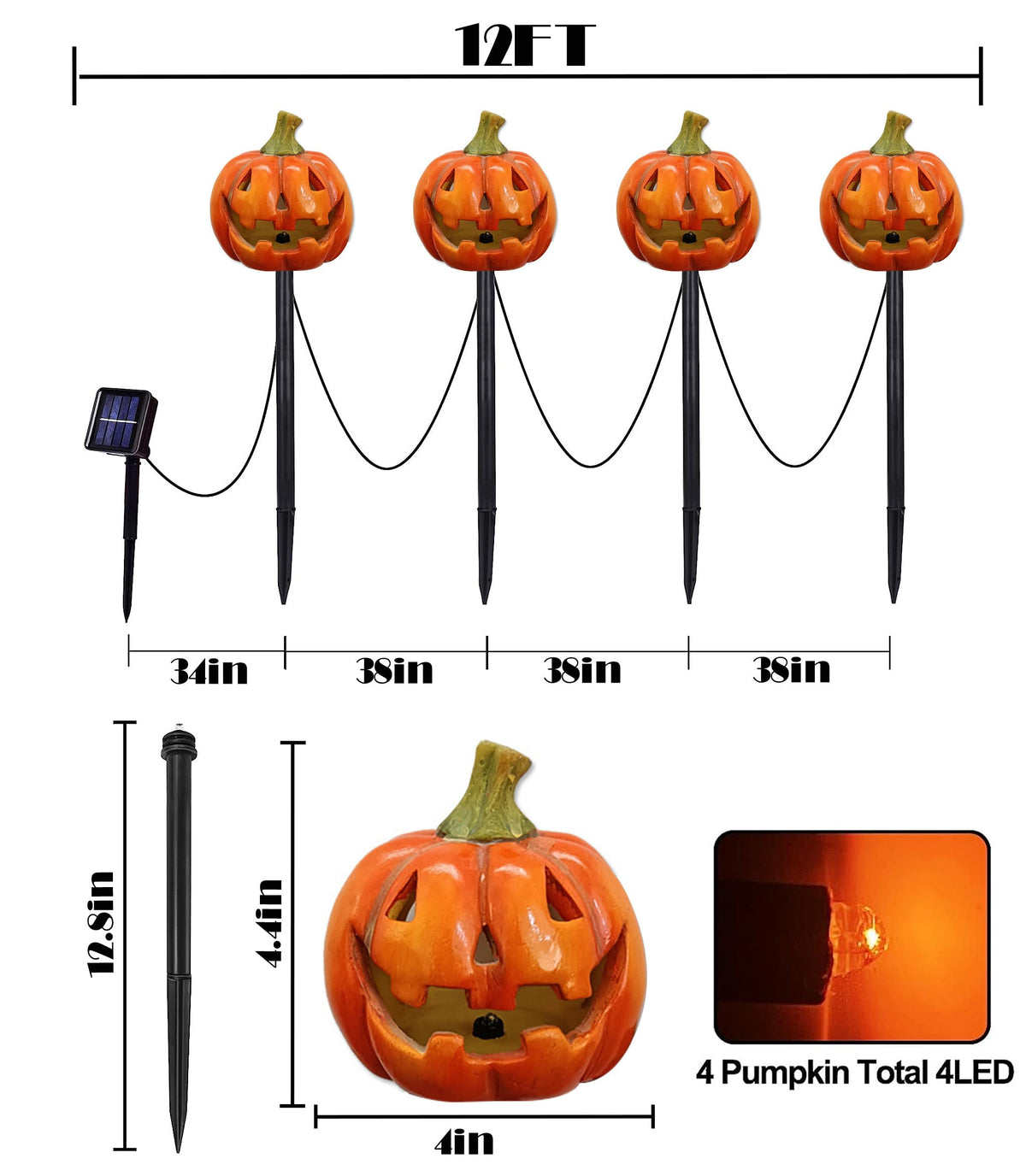 NIGHT-GRING 4 Pack Halloween Pumpkin Pathway Solar Lights, Orange Yard Stake String Lights Halloween Outdoor Decorations, Waterproof LED Pumpkin Halloween Décor Walkway Lights