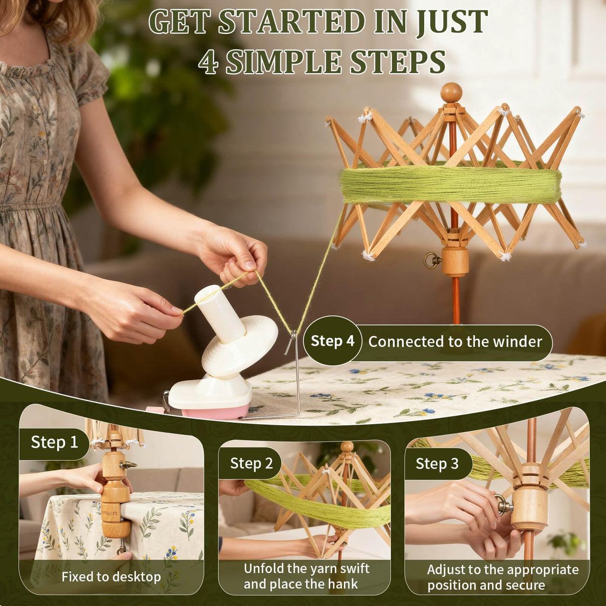 SPEENSUN Wooden Yarn Swift, 4-Step Easy Setup Yarn Umbrella Perfect Match with Yarn Winder, Durable Wood Construction, Foldable Design, Best Christmas Gifts for Knitters & Crocheters