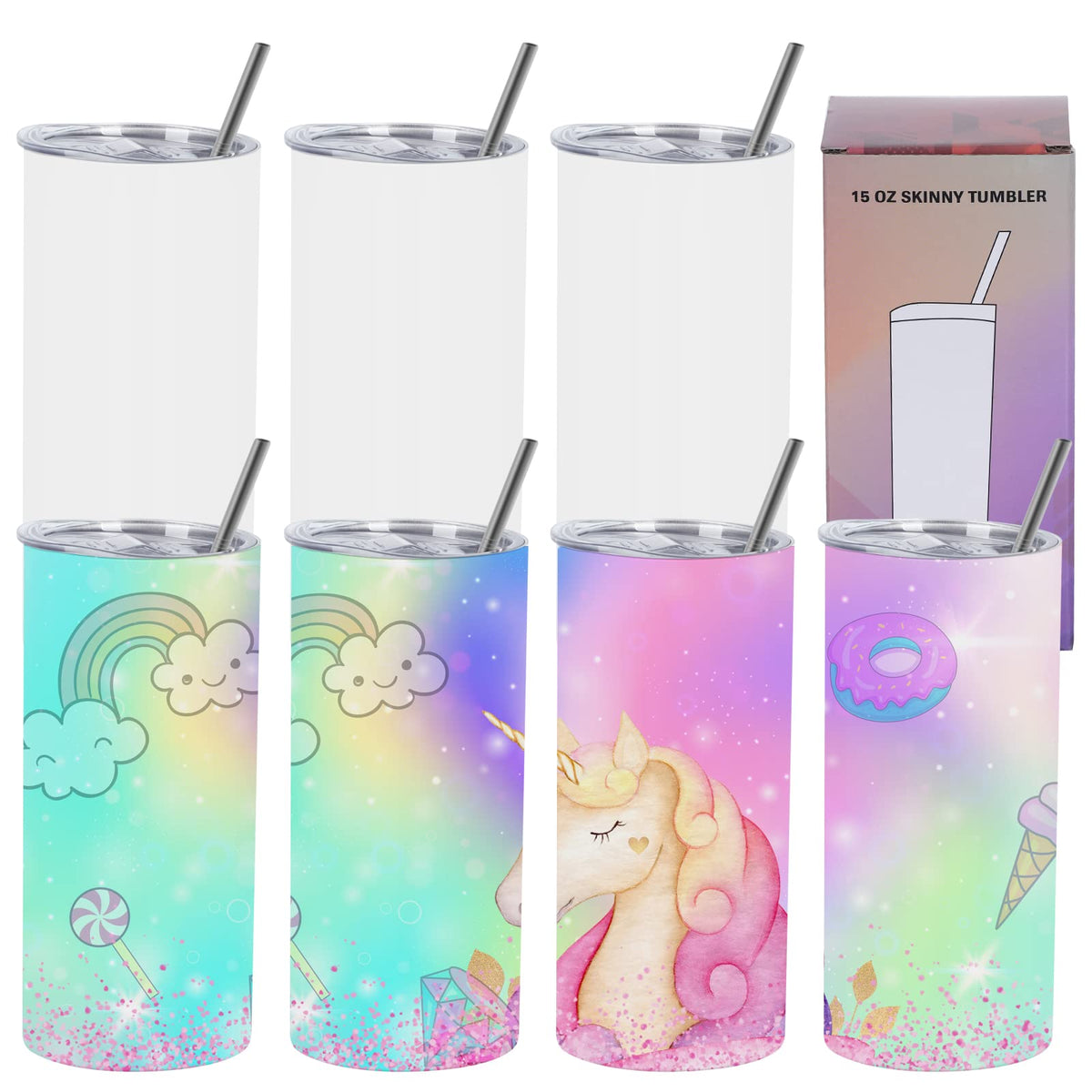 Wzaytia 15 Oz Sublimation Tumblers Blank (8 Pack), Skinny Straight Kids Sublimation Tumblers Bulk, Individually Gift Boxed,