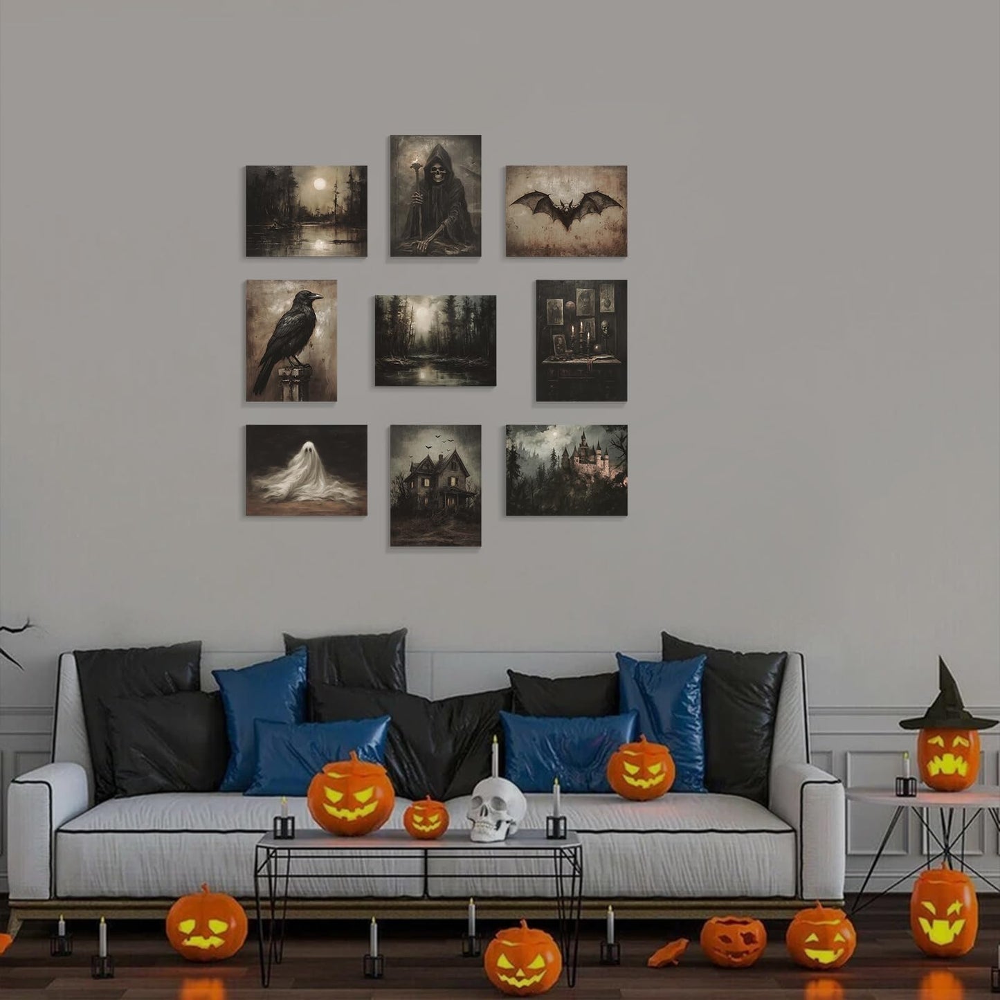 abrtolpffo Halloween Wall Art Halloween prints 9 Pieces 8x10in Dark Academia Wall Decor, Spooky Ghost Witch Raven Bat Haunted House Pictures, Dark and Moody Forest Landscape Art Gothic Decor