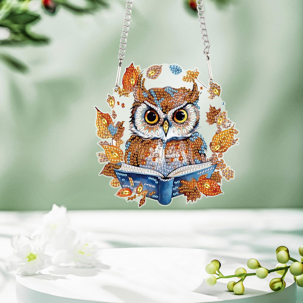 AiYuanzsh Owl Diamond Painting Hanging Kit, 5D DIY Acrylic Special Shaped Rhinestone Diamond Art Pendant Ornament with Leaf Wreath for Wall, Door, or Garden Decor, Birthday & Holiday Gift for Adults
