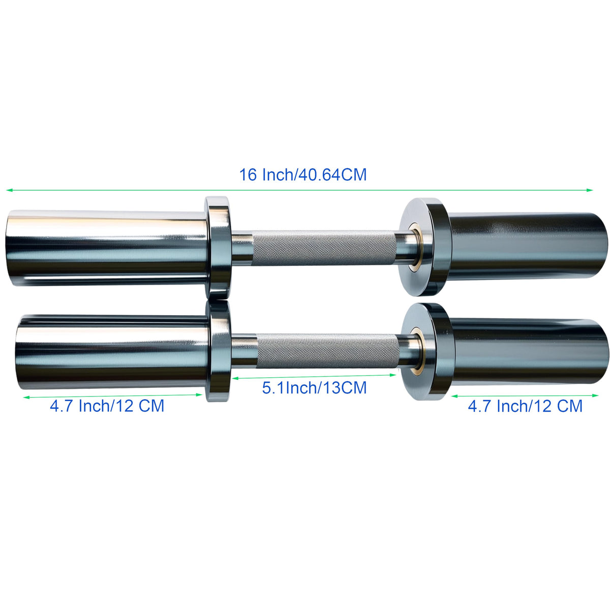 qibylift Olympic Dumbbell Handles Set of 2, Loadable Dumbbell Bars for 2 Inch Weight Plates, 16 Inch Chrome Barbell with 28mm Grip, 200 lb Capacity, Home Gym Strength Training (Chrome)