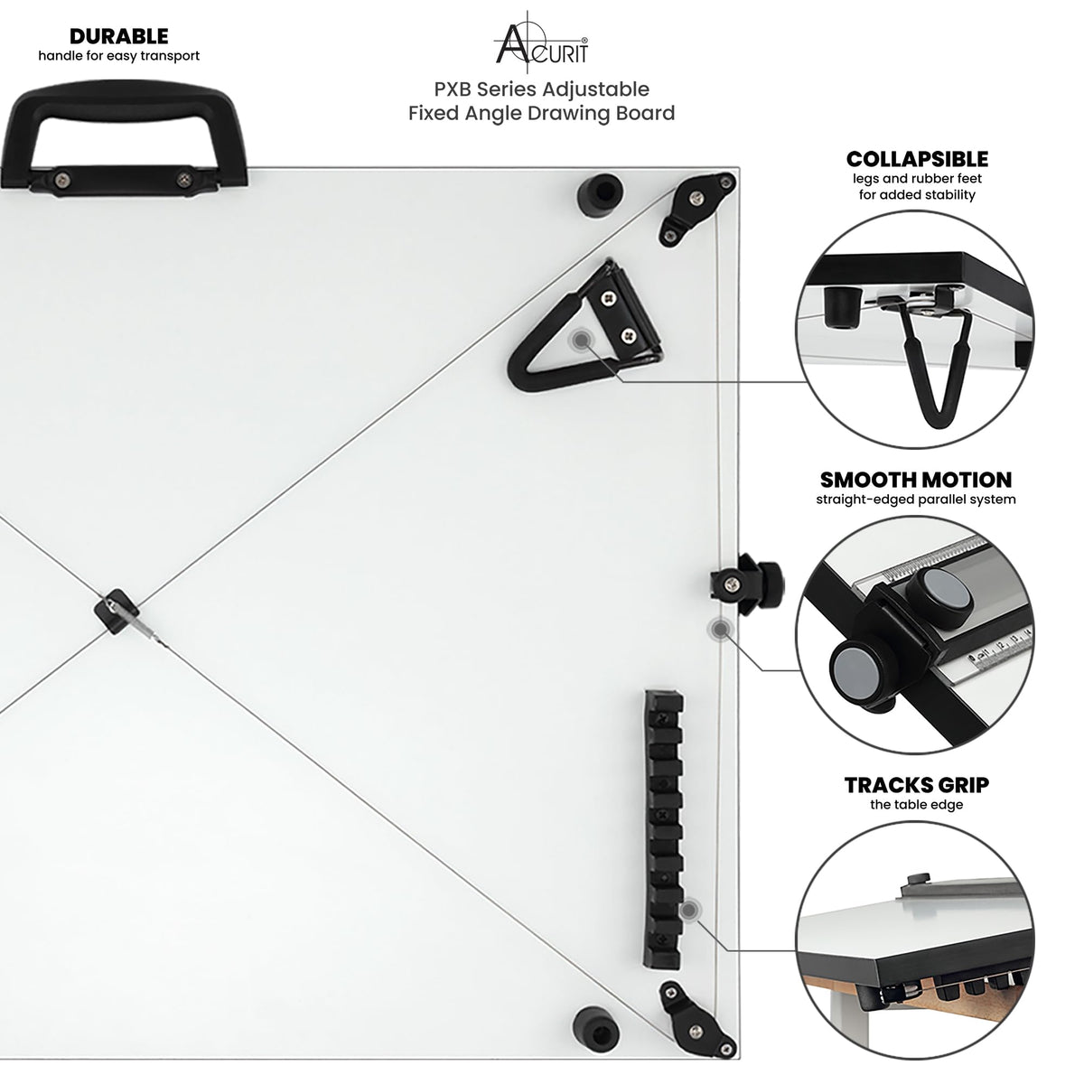 Acurit PXB 24” x 36” Drawing Board for Artists and Designers - Portable Workspace for Drawing, Sketching, Drafting, Painting - Fixed Angled Laminated Surface with Ruler and Parallel Motion Bar