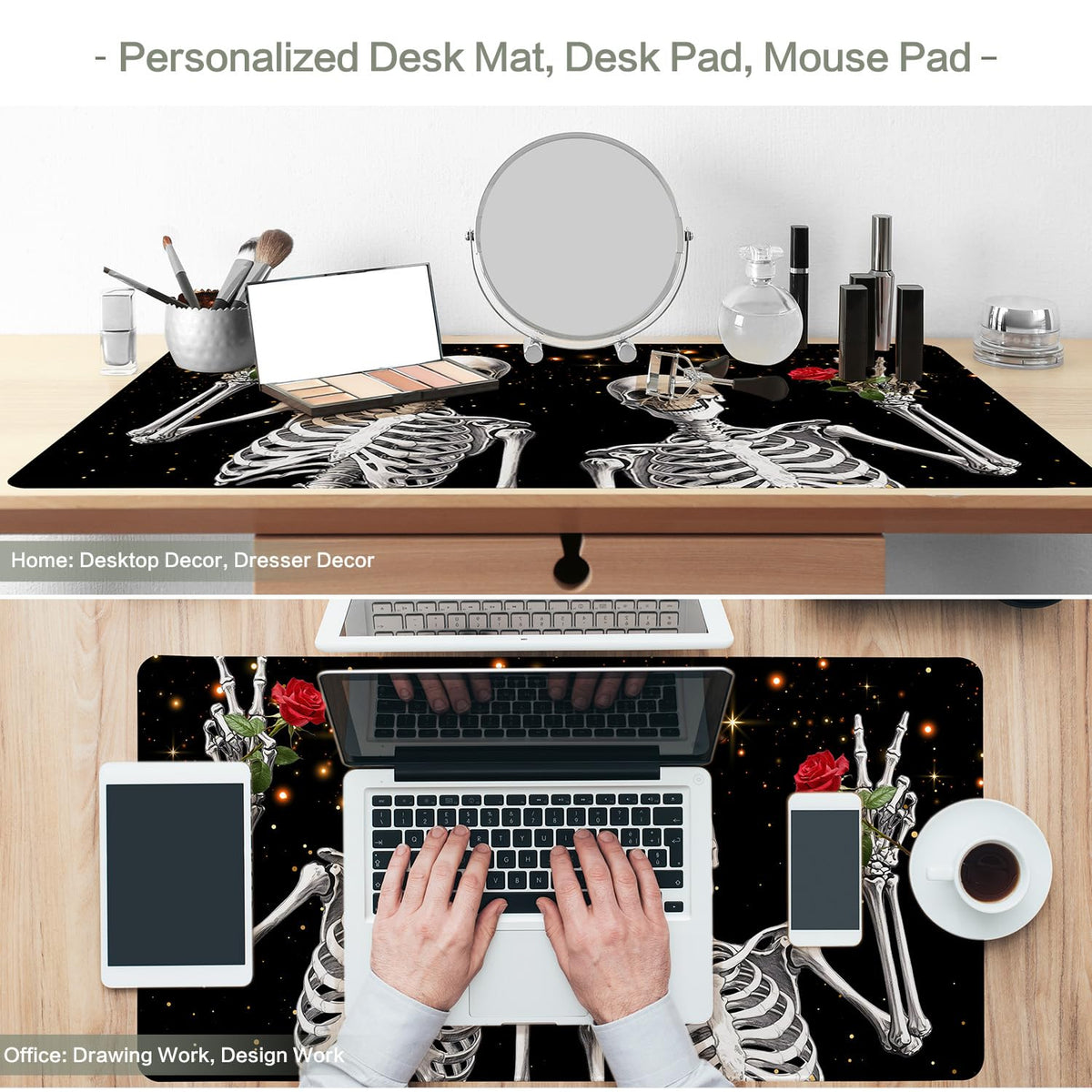 Love, Roses and Skulls Mouse Pad Desk Mat, Waterproof Black XXL Extended Large Gaming Mouse Pad Halloween Skull Rose Desk Pad Mousepad XXL Extended Keyboard Mat Mouse Mat, 31.5 x 15.7 in