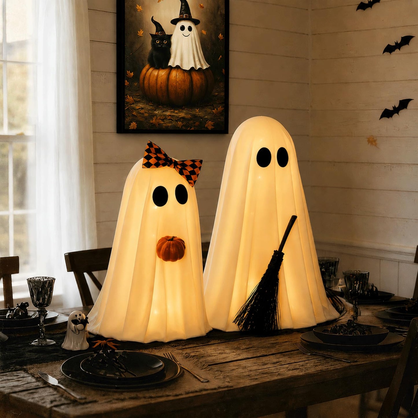 Halloween Decorations, 2 Pack Lighted Spooky Ghost with Pumpkin and Buffalo Plaid Bow, Cute Standing Ghost Decor for Halloween Decorations Indoor Home Office Table Mantel Shelf Party Supply