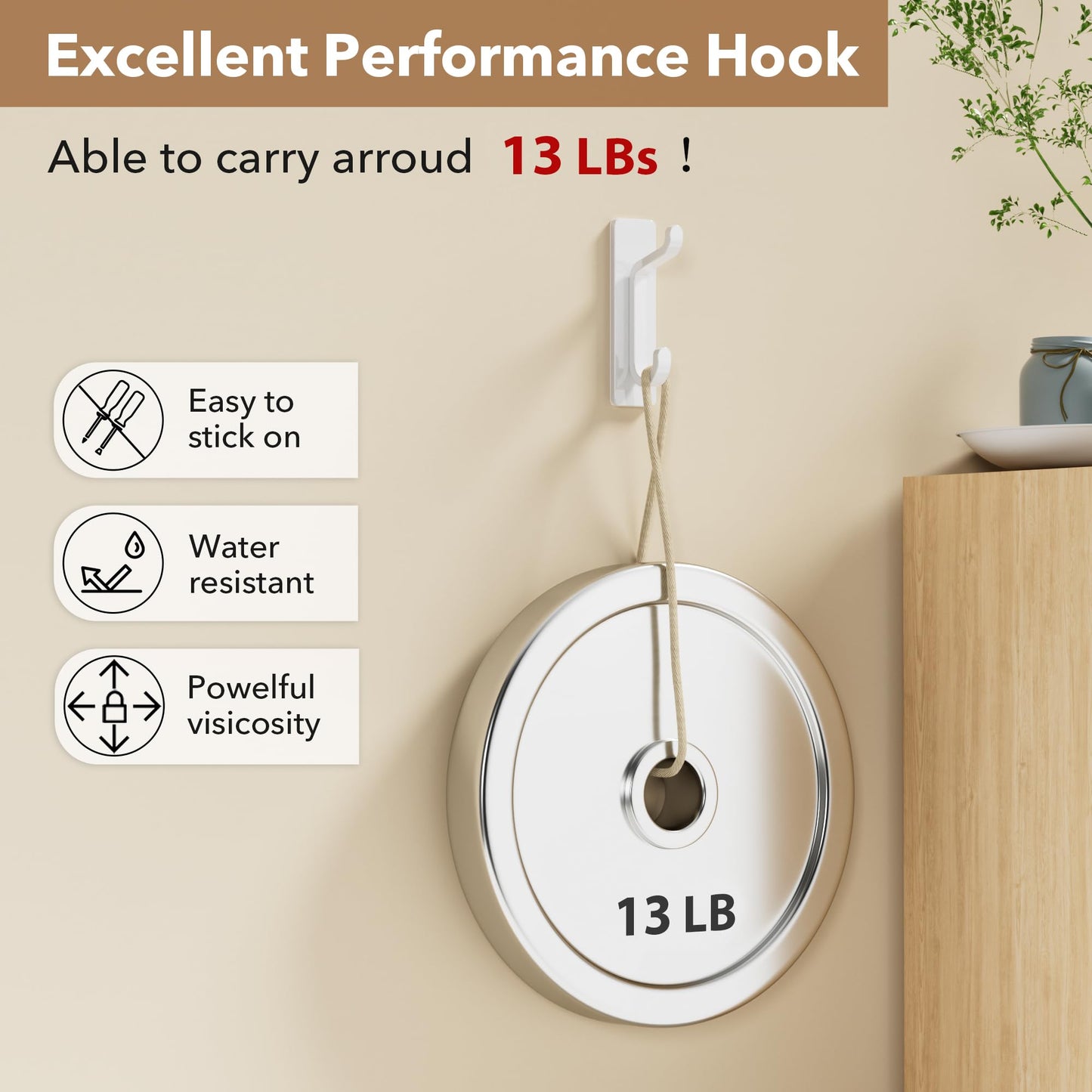 pickpiff Wall Hooks for Coat and Towel: 13LB Strong Adhesive Door Hanger Stick on, White 6 Pack
