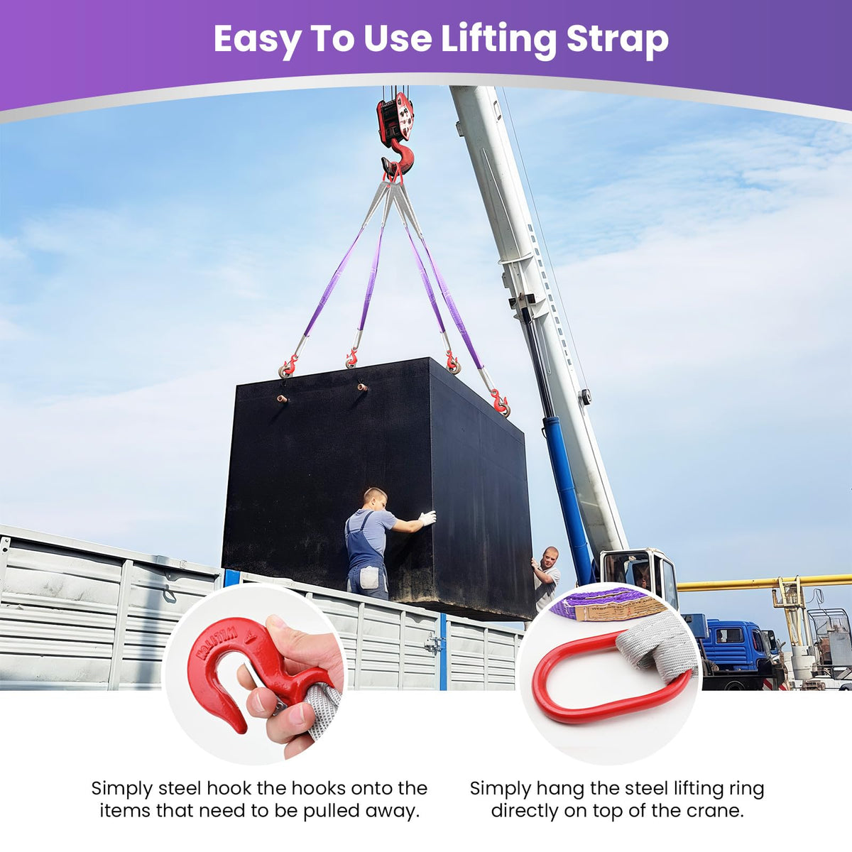 Lifting Slings Straps with Hooks - 3.3 FT, 4409LB Pounds Capacity, Polyester Bridle Sling, Heavy Duty Two Leg Rigging Strap for Engines, Cranes, Hoists, Truck, Purple
